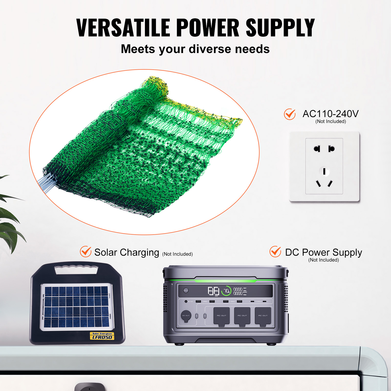 Red de electricidad VEVOR para cercas, 48"A x 168"L, kit con postes y estacas doblemente punzadas, malla portátil de PE para gallinas, patos, gansos, conejos, ideal para jardines traseros, granjas y ranchos — imagen 2