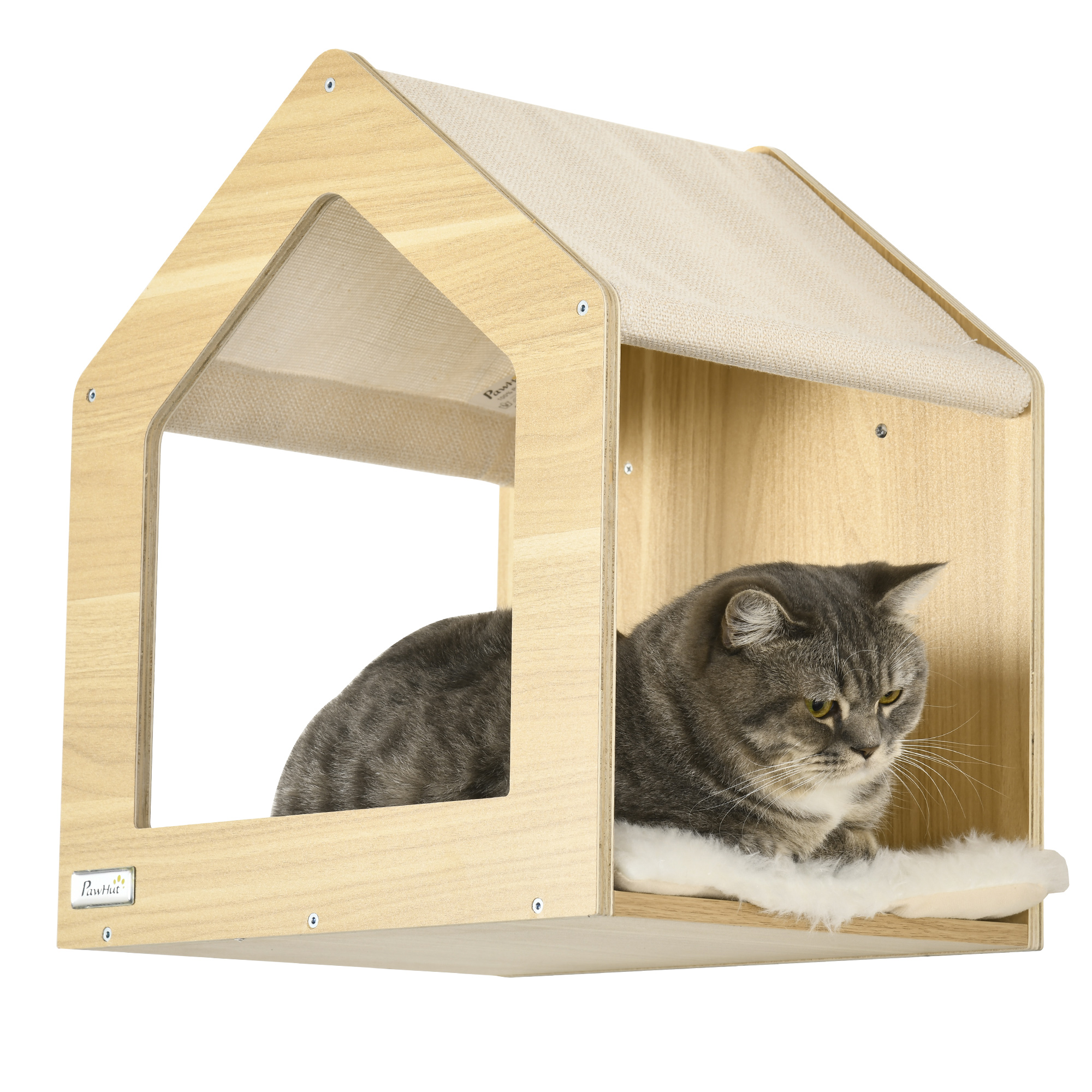 Set de 8 Piezas de Repisas de Pared para Gatos, Estantes Trepadores de Pared con Cojín, Casita, Postes Rascadores y Hamaca, Roble — imagen 8