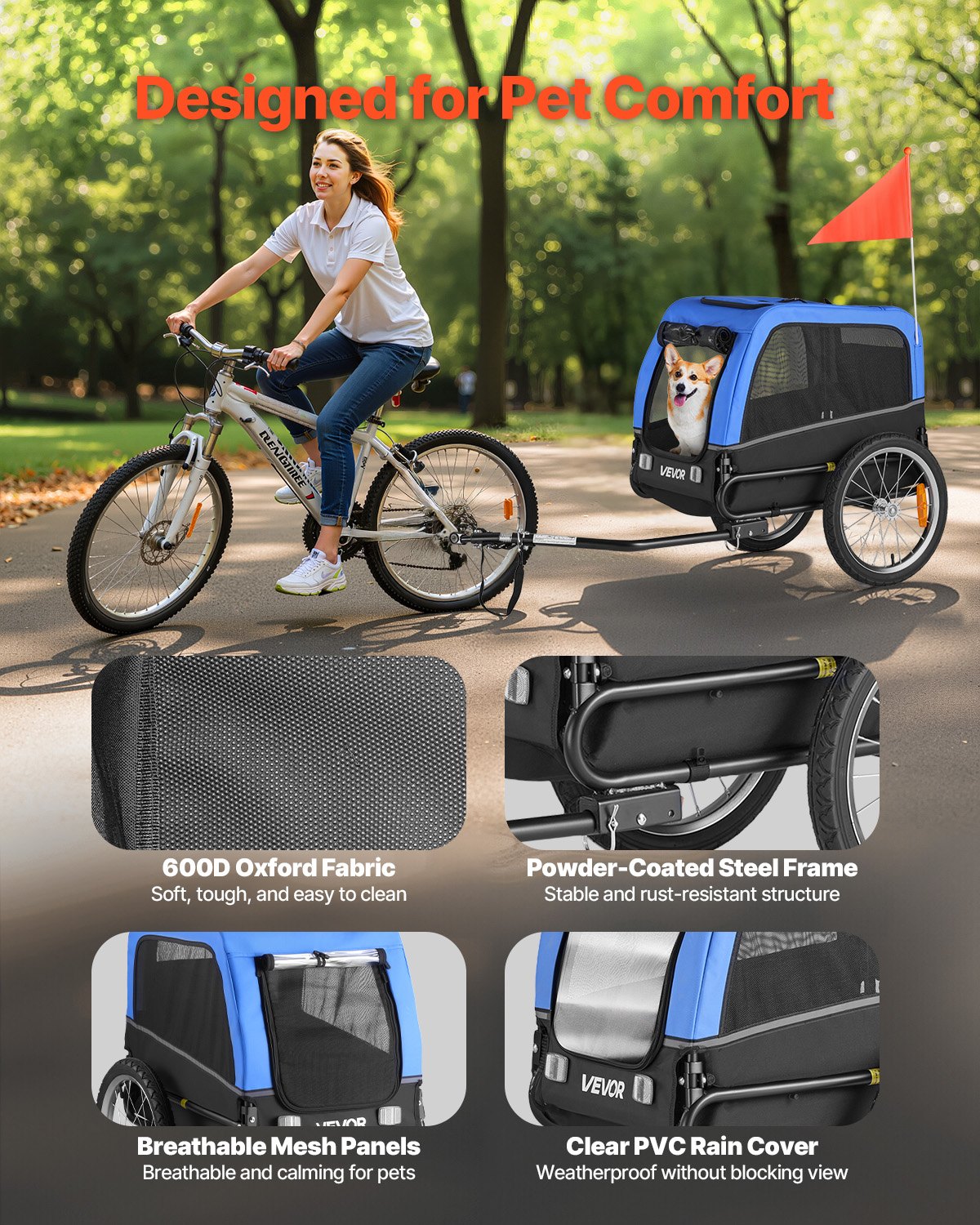 Tráiler de Bicicleta para Perros, Soporta Hasta 30 kg, Cesta Universal para Pequeños y Medianos Perros, Estructura Plegable Fácil con Rueda de Liberación Rápida, Acoplador Universal para Bicicletas, Reflector, Bandera, Correa Interna — imagen 5