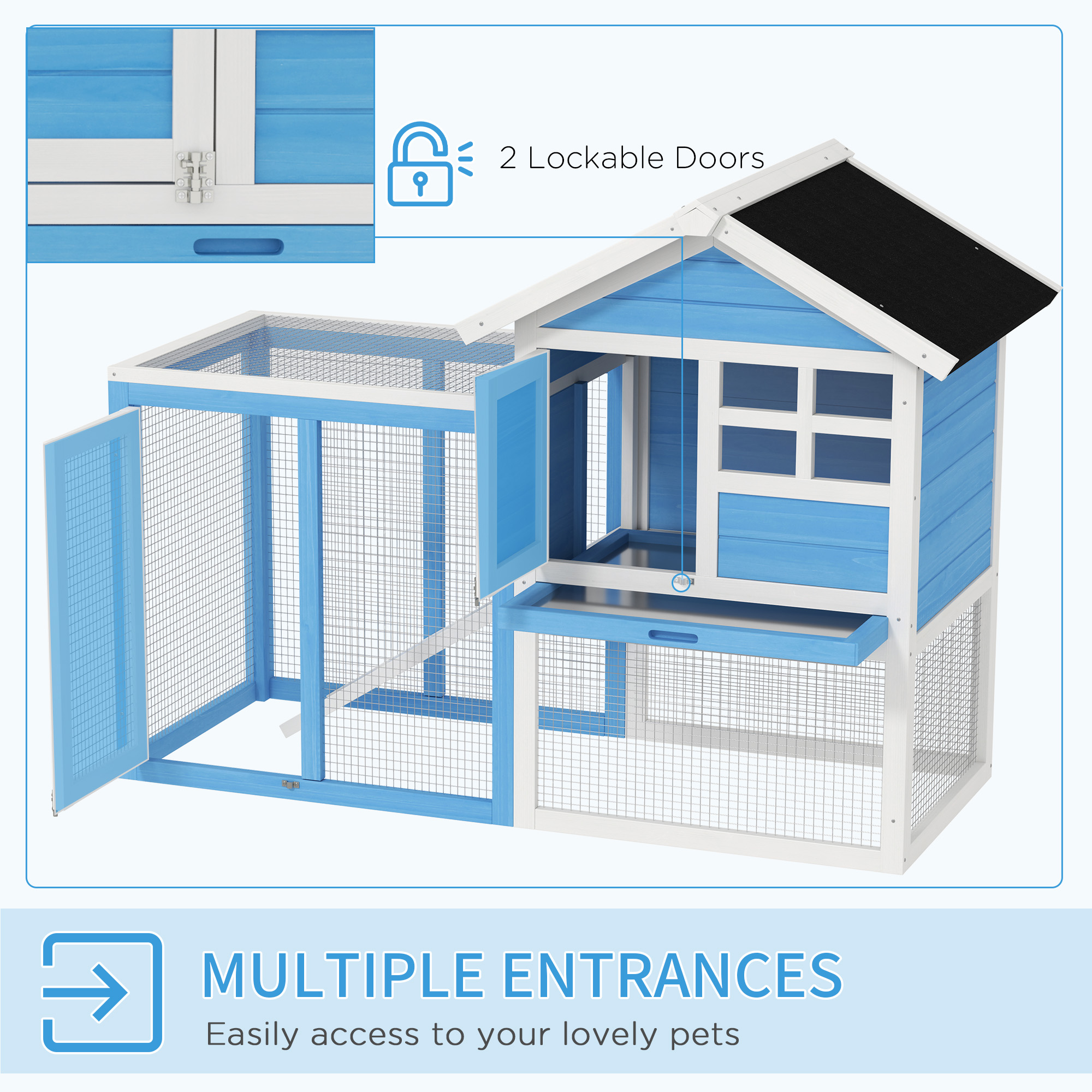Conejera de Madera de 48" con Techo de Asfalto Impermeable, Corral Exterior Divertido, Bandeja Removible y Rampa, para Conejos, Gallinas y Patos, Azul Claro — imagen 2