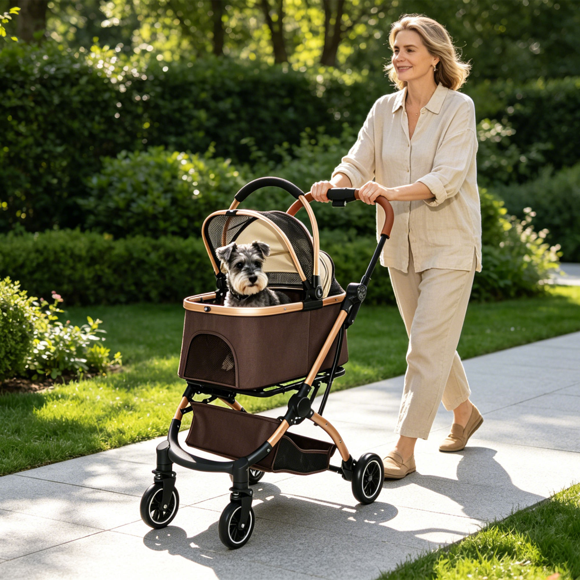 Muleta para Mascotas 2 en 1: Carruaje de 4 Ruedas Reversible con Canasta de Almacenamiento y Sombrilla Solar (Khaki + Oro) — imagen 19