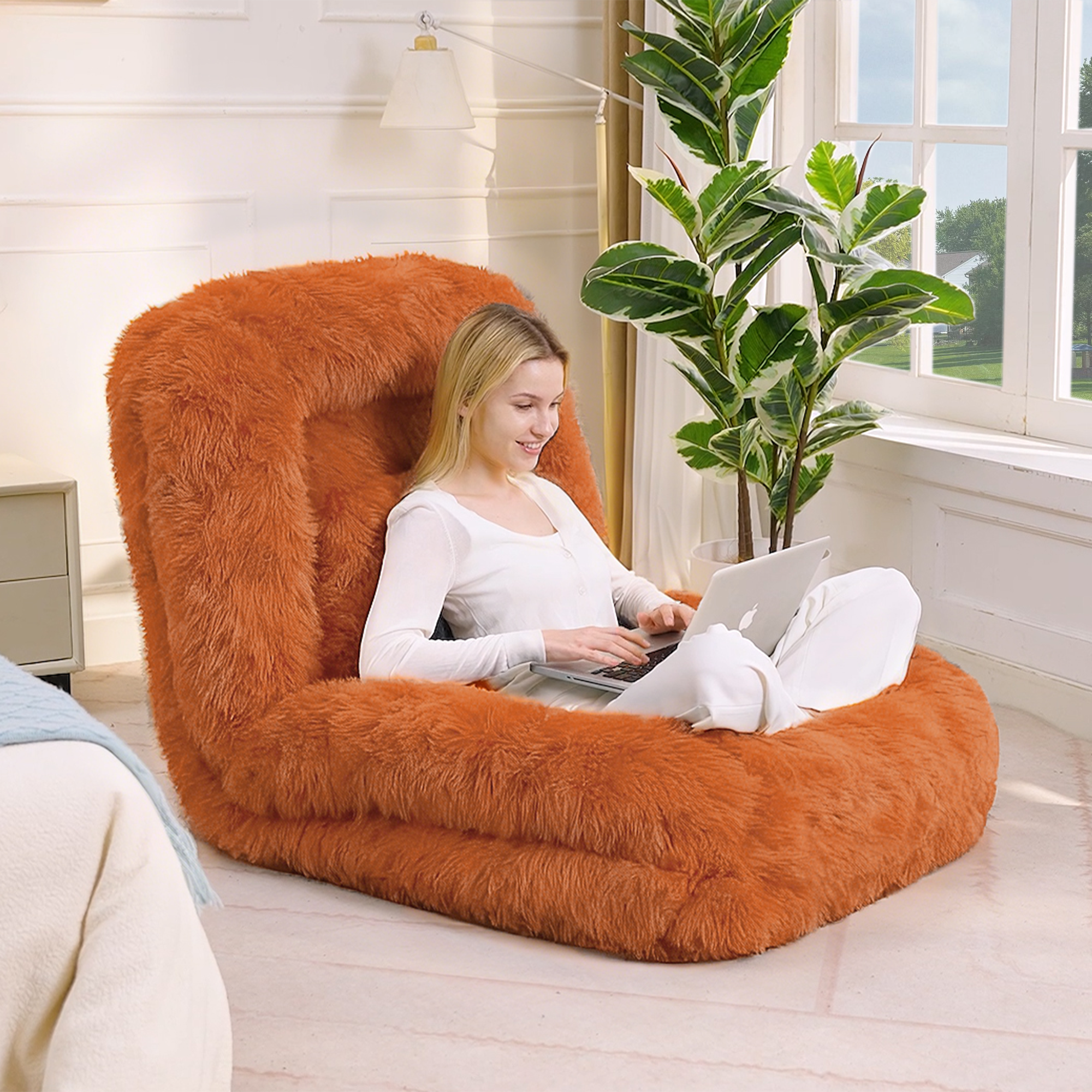 Human Dog Bed, Lazy Sofa, 5-Position Adjustable Convertible, Floor Gaming Chair, bedroom, living room, Suitable for gaming, meditation, relaxation, Plush Fabric, Orange — image 18