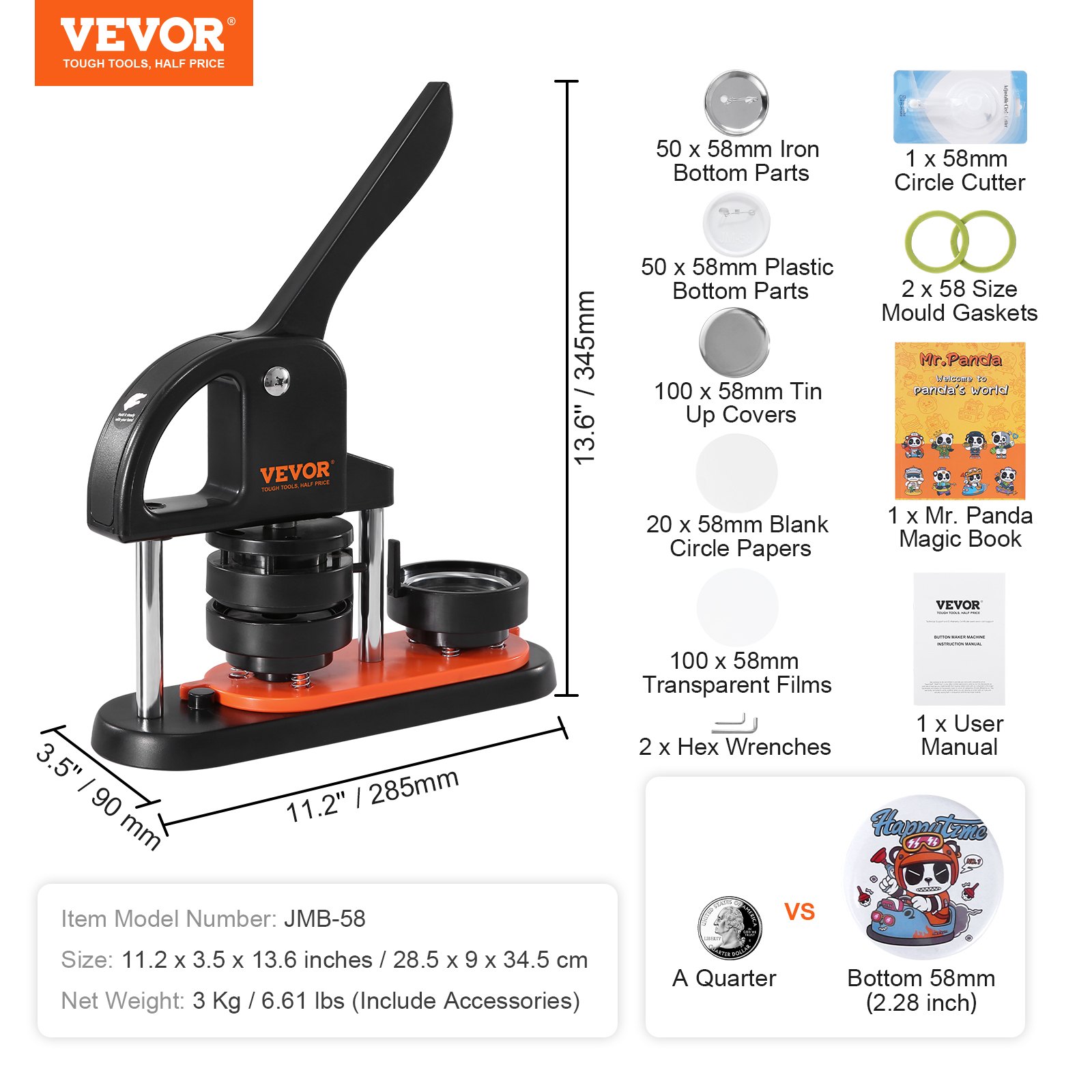 Máquina para hacer botones VEVOR, 2,28 pulgadas 58 mm con 100 piezas de partes de botón, mango ergonómico en forma de arco, kit de prensa de botones con Panda Magic Book, para manualidades infantiles regalos y Navidad — imagen 6