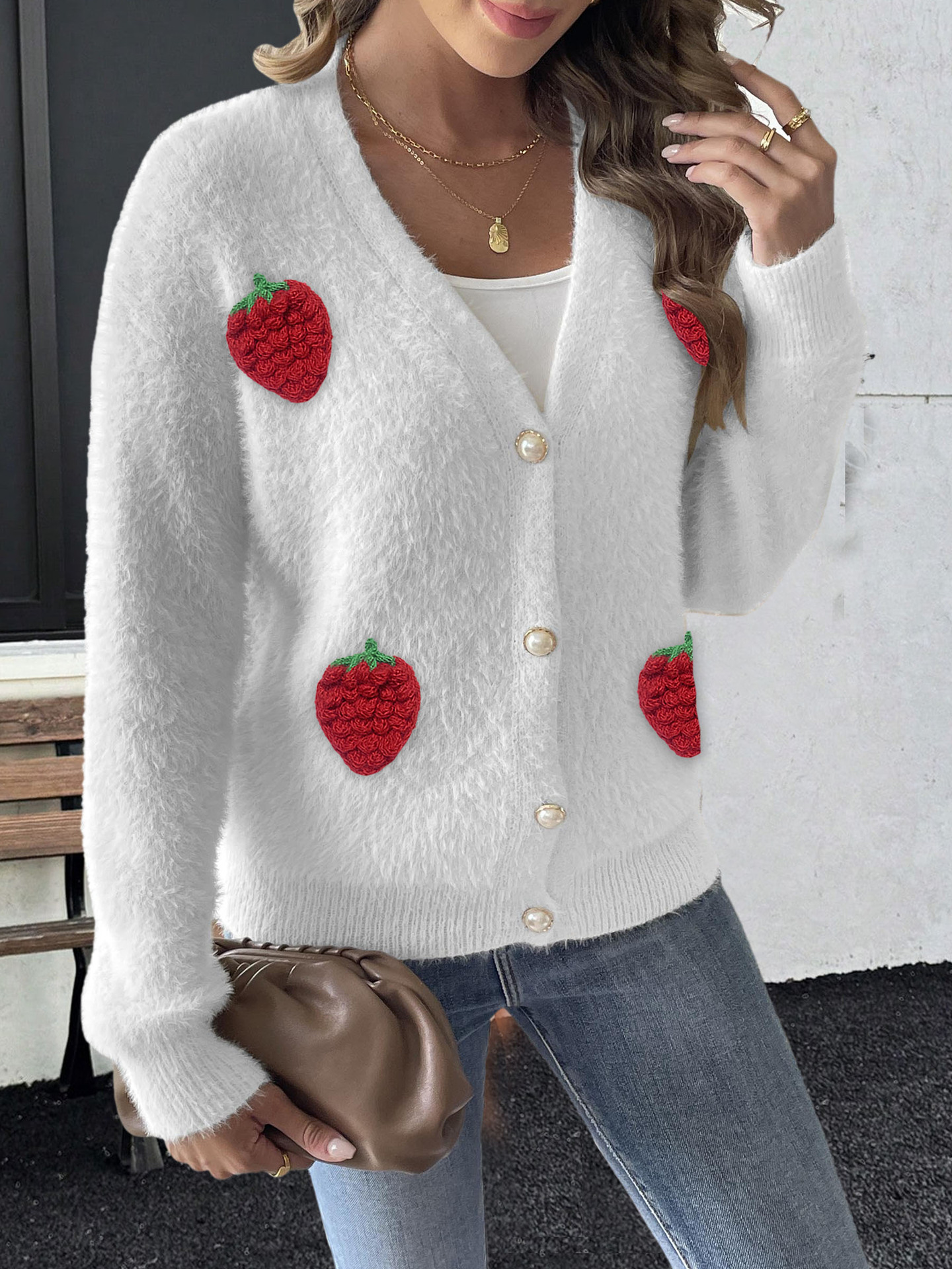 Ladies' Faux Mink Coat Women's Pearl Button Four-Button 3D Embroidery Strawberry Patchwork Knit Cardigan — image 8