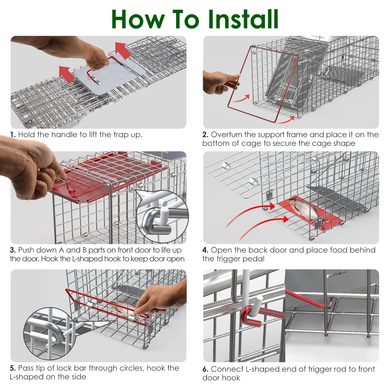 2Pzs Jaulas Trampa Plegables Humanitarias para Animales Vivos 24X7.48X8.27IN, Fácil Captura y Liberación, Trampa Plegable para Gatos de Acero Galvanizado, para Gatos Pequeños, Ardillas, Conejos, Erizos, Ardillas Listadas — imagen 10