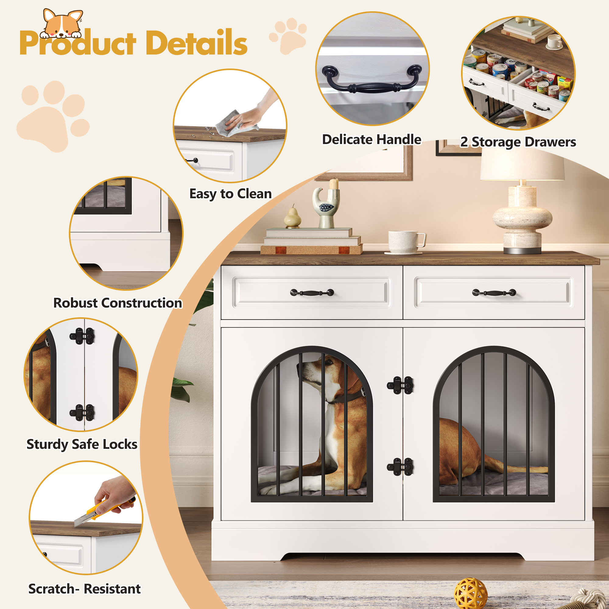 Jaula-Mueble para Perro de 43.3", Caseta Interior Resistente para Perro con 2 Gavetas de Almacenamiento, Jaula para Perro con Puertas Laterales Para Perros Medianos y Grandes, Mesa Auxiliar-Jaula, Blanco y Marrón — imagen 2