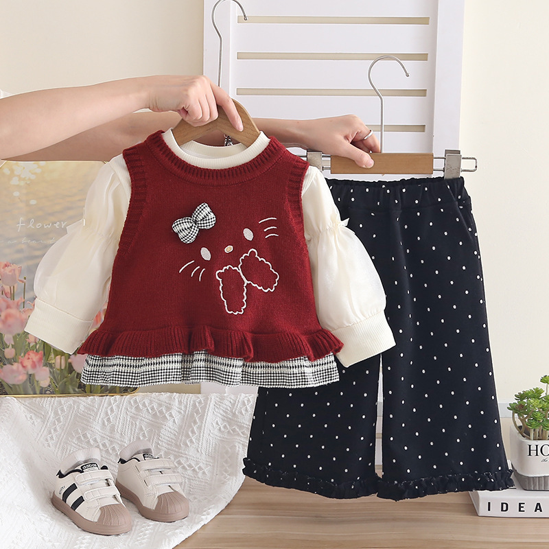 Girls Polka Dot Rabbit Sweater Three-Piece Autumn Spring Fashionable Outfit Set — image 4