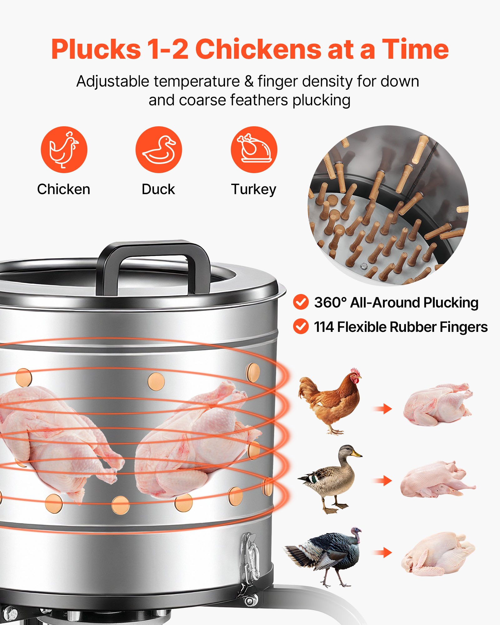 Máquina de Plumeo de Pollos, tambor de 15.7 pulgadas, 550W y 275 RPM - Electrónica para remover plumas con dedos suaves para 1-2 pollos por ciclo — imagen 2
