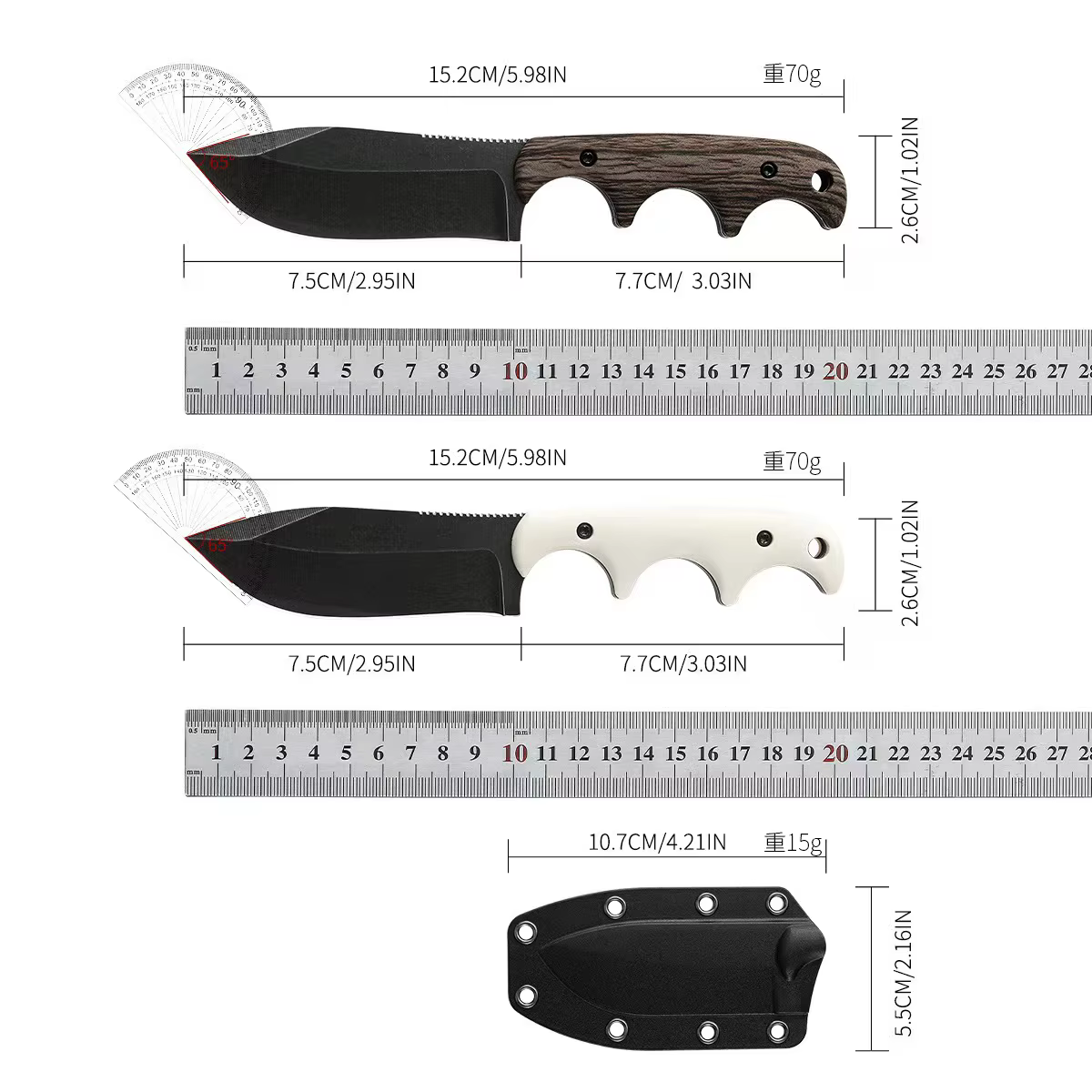 New outdoor small straight knife, stone washed blade camping edc survival knife, white/wood grain handle + k sheath tool — image 5