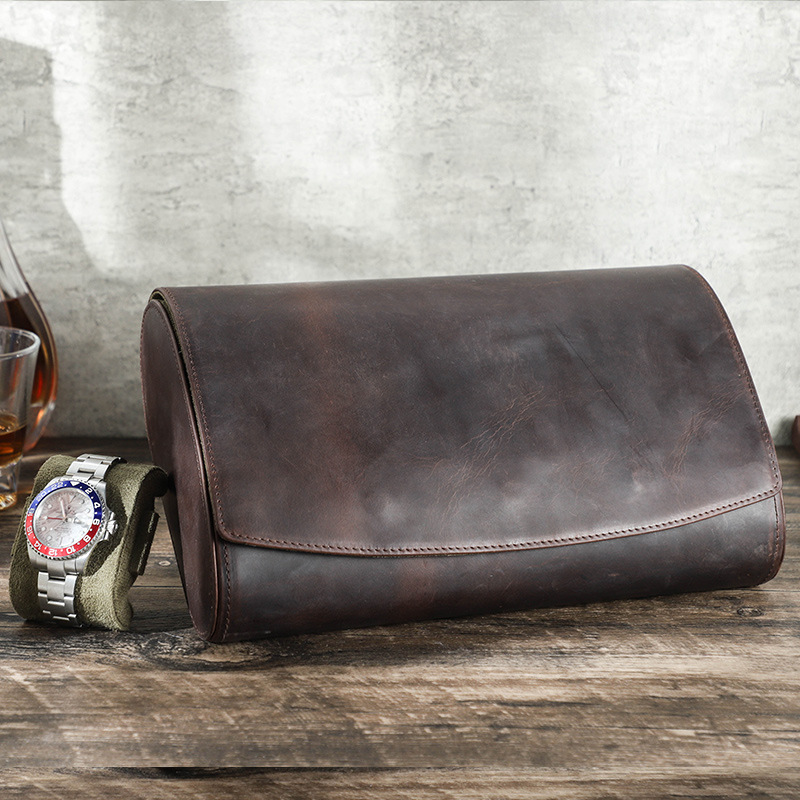 Vintage Crazy Horse Leather 8-Piece Shockproof Watch Storage Box, Portable Genuine Leather Watch Case for Travel — image 2