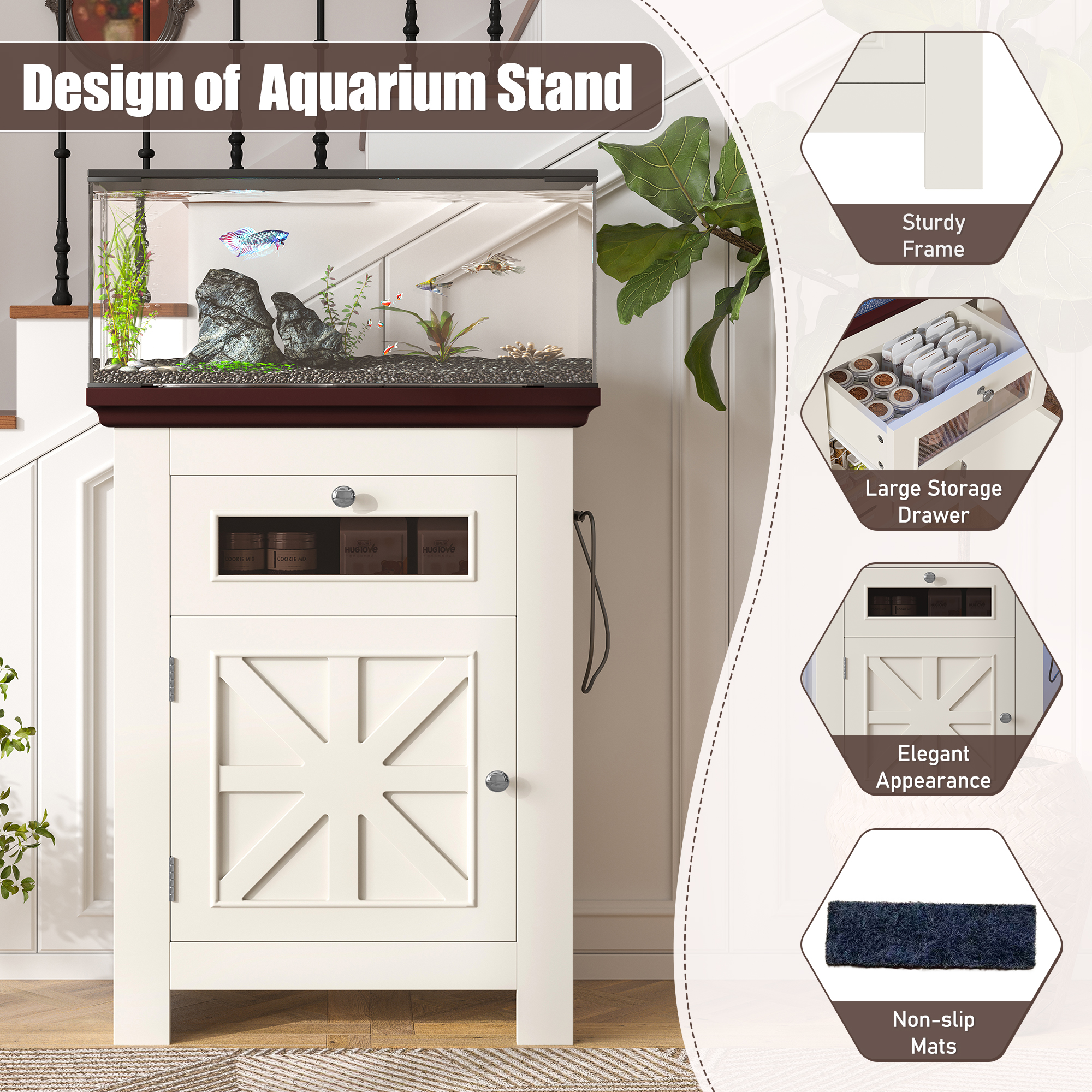 Mueble para Pecera de 10-15 Galones, Base para Acuario con Tomas de Corriente, Capacidad de 198LBS, Mesa para Pecera con Gabinete de Almacenamiento y Cajón, Mesa para Acuario o Terrario de Reptiles — imagen 5
