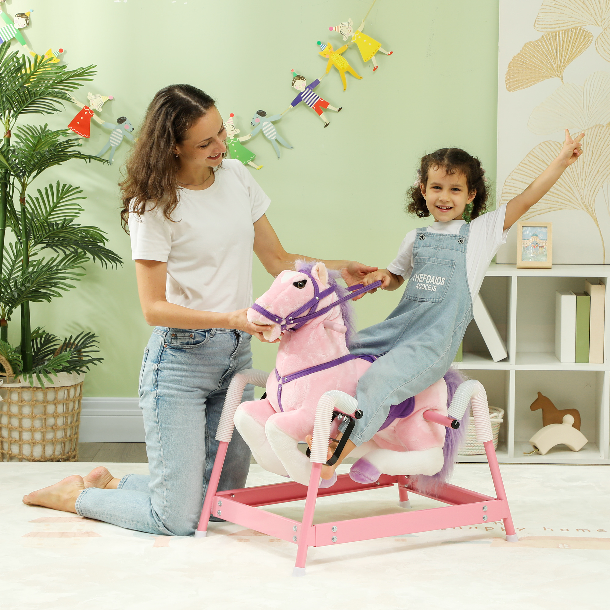 Spring Rocking Horse, Kids Ride on Horse, Plush Horse Ride-on w/ Sounds & Foot Stirrups for Kids 3-8 Years, Pink — image 1