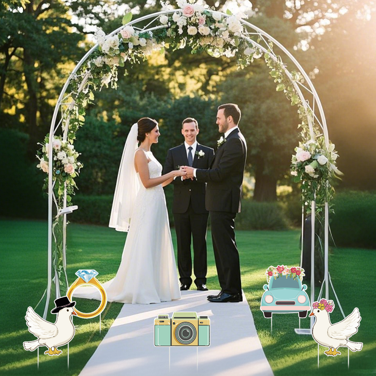 5 Piezas de Letreros de Jardín para Fiesta de Bodas con Estacas, Diseño de Paloma, Anillo y Cámara, Decoración de Camino, Letrero de Bienvenida de Plástico para Recepción, Grandes Accesorios de Fondo para Photo Booth de Despedida de Soltera, para Bodas P — imagen 3