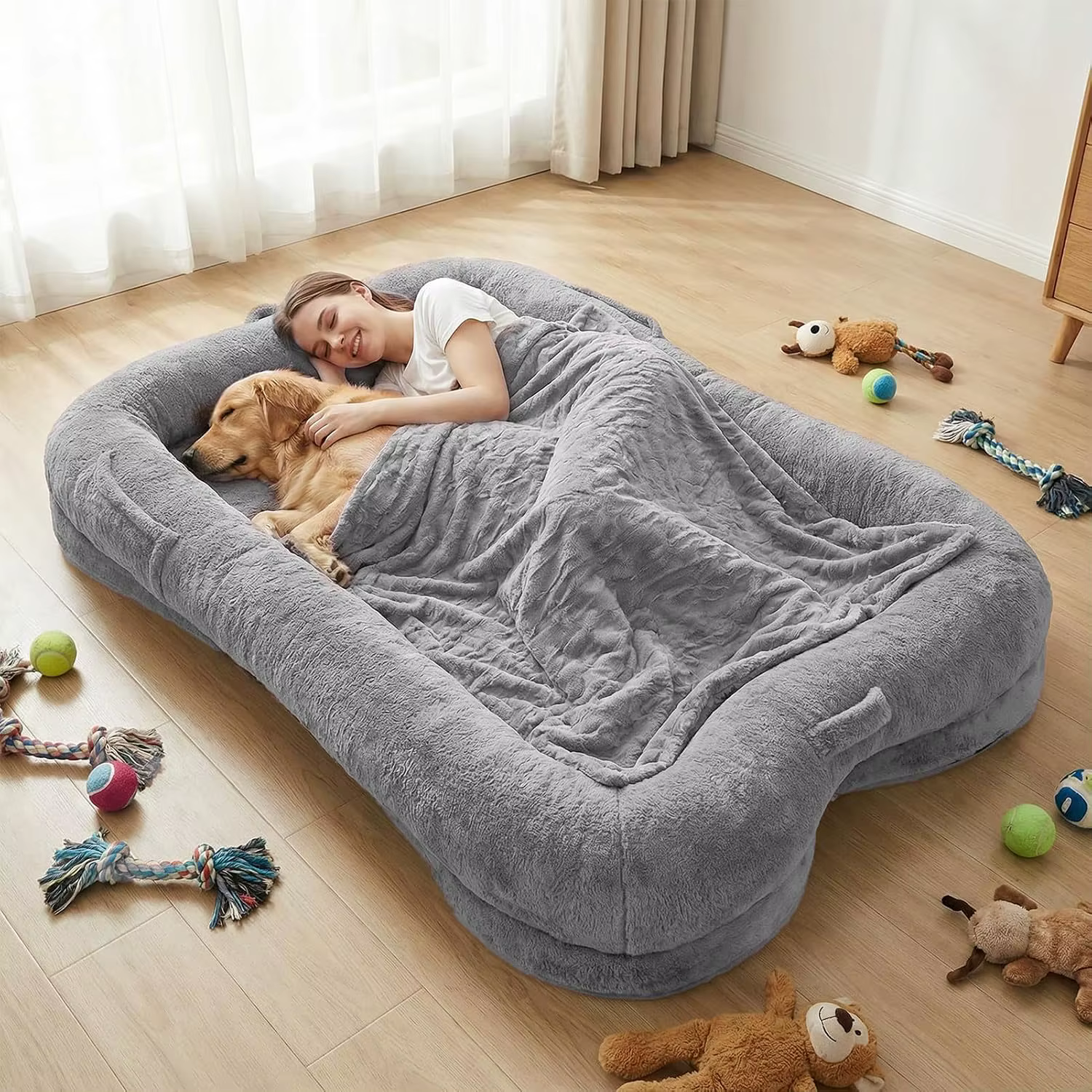 Human Dog Bed for Adults, 71''x45''x12'' Size Fits Adults & Pets, Gray | Washable Faux Fur, Non-slip Bottom Surface, Custom — image 1