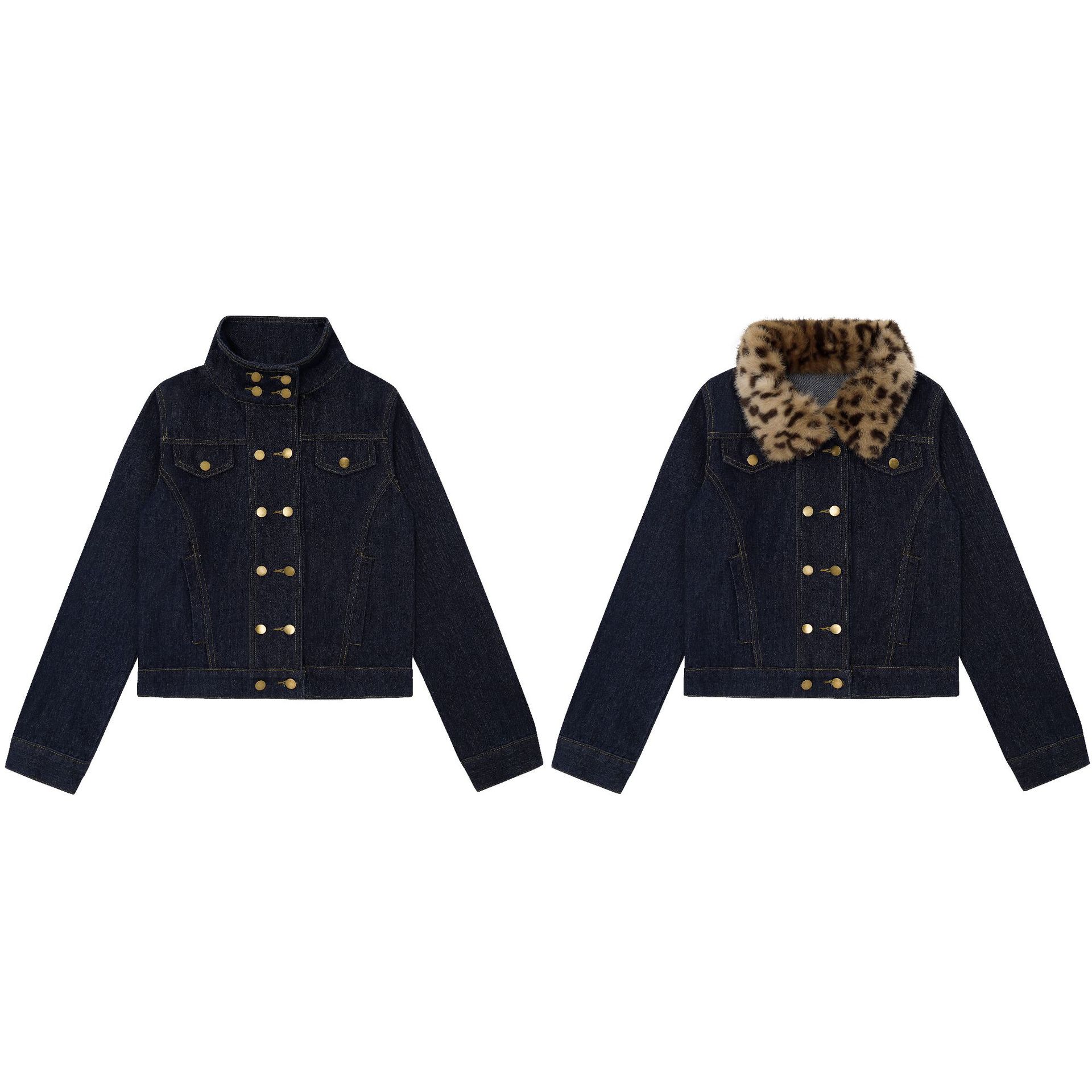 Women's Raw Indigo Denim Jacket Double-Breasted Stand Collar Detachable Leopard Print Fur Collar Petite Friendly — image 5