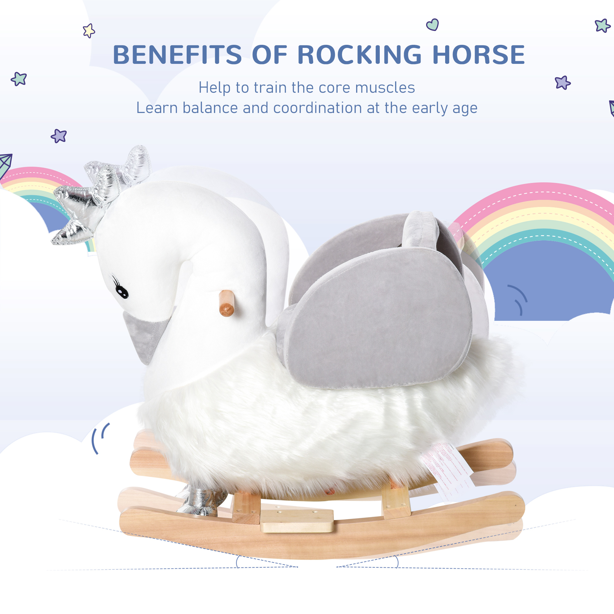 Caballo de Cisne para Niños con Sonido, Asiento Plush y Base de Madera, Correa de Seguridad para Bebés de 18 a 36 Meses, Blanco — imagen 6