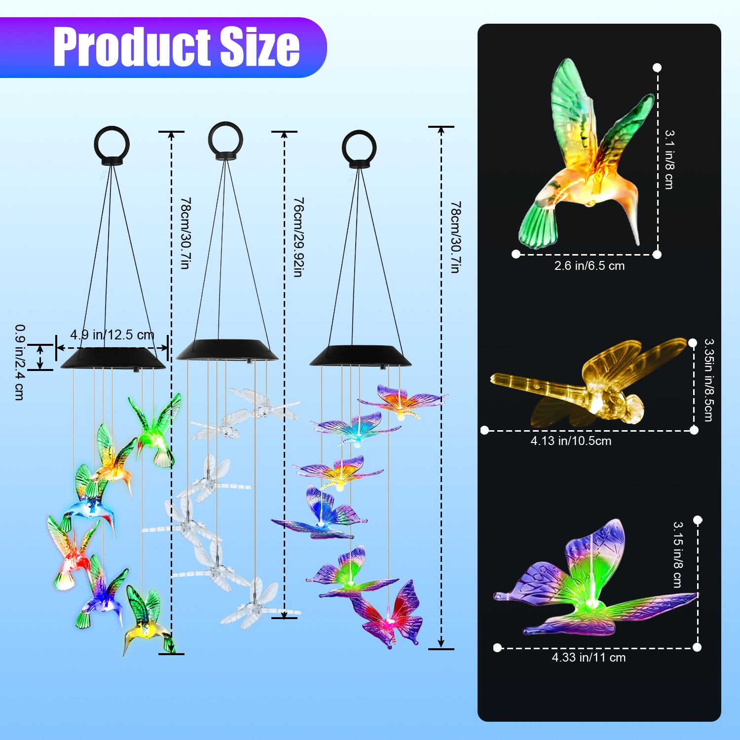 3Pack Solar Hummingbird Butterfly Dragonfly Wind Chimes 7 Color Changing Wind Chime For Outside IPX4 Waterproof Outdoor Garden Yard Decor — image 4