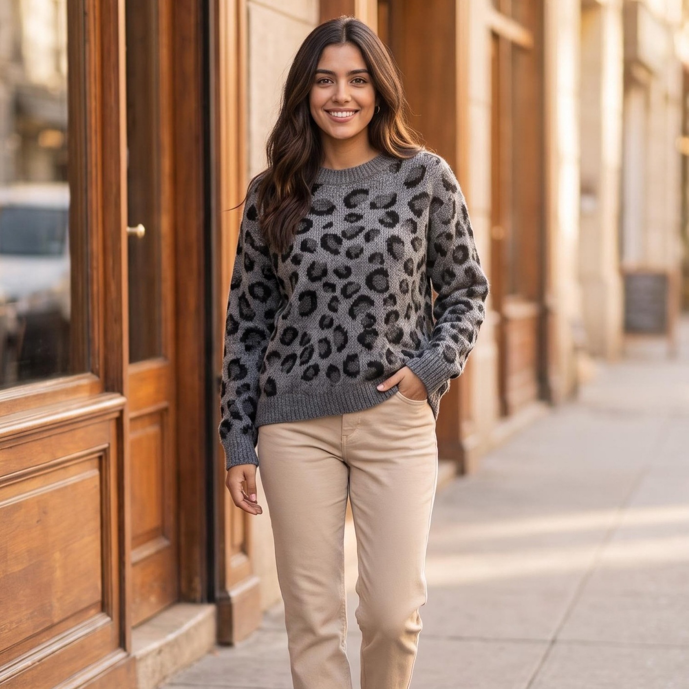 Leopard print round neck long sleeved sweater — image 8