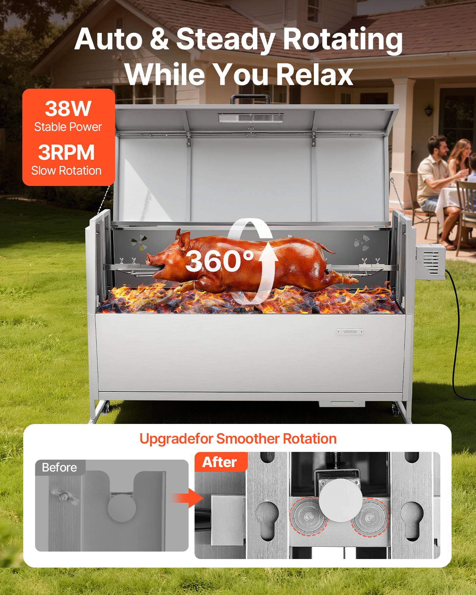 Asador de Rotisserie al Carbón, 38W, Capacidad Máxima para Cerdo y Cordero de 132 LBS, Con Ruedas y 4 Niveles de Altura, Kit de Asador Eléctrico con Acero Inoxidable para Camping Exterior — imagen 2