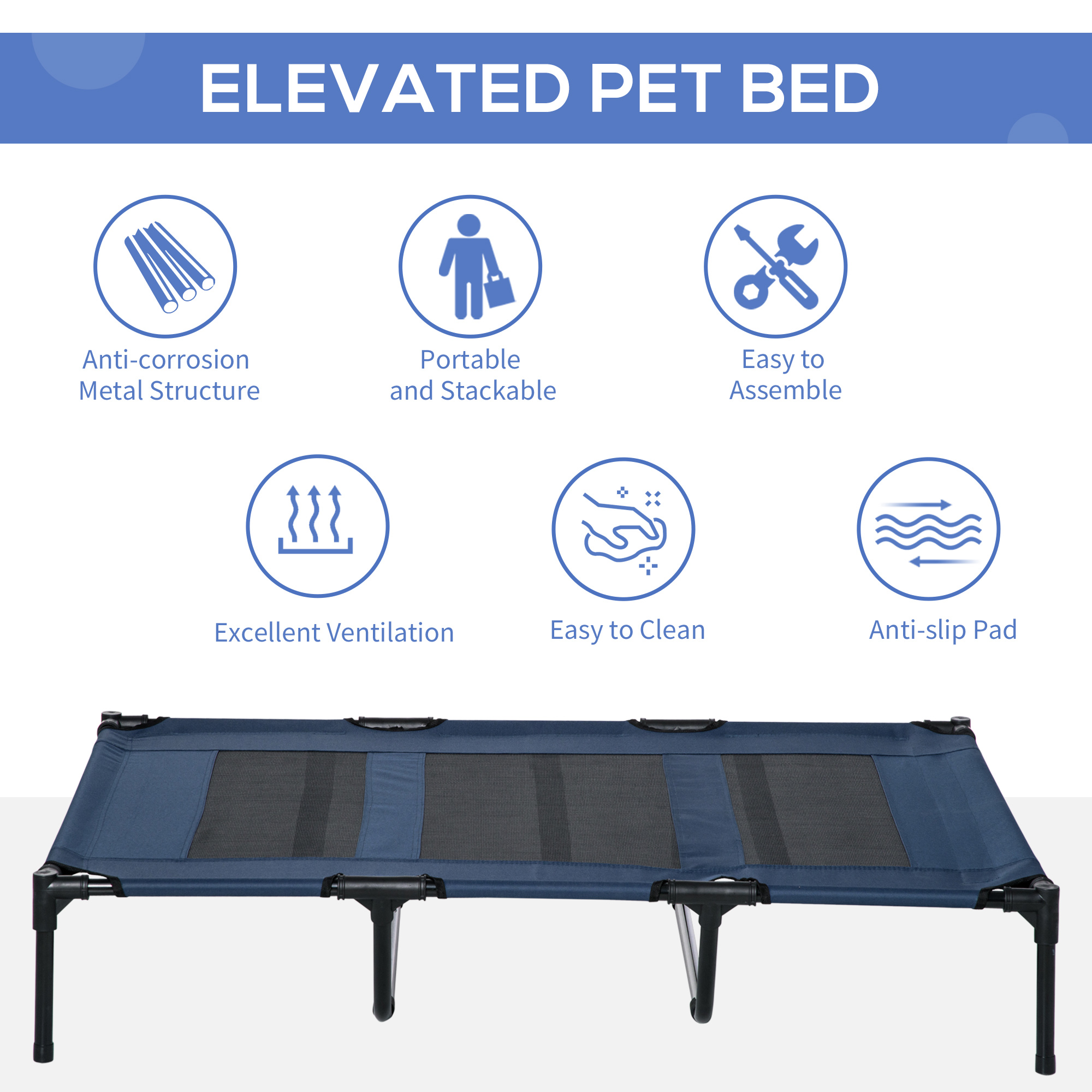 Cama Elevada Transpirable para Perro de 48" x 36" con Bolsa de Transporte, Azul Oscuro — imagen 4