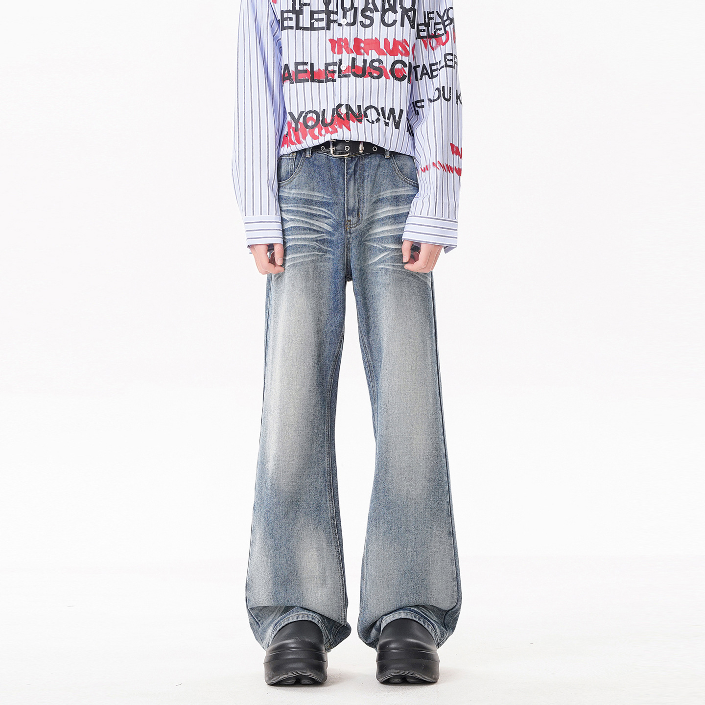 Retro Cat Paw Print Washed Knife-Edge Denim Pants — image 8