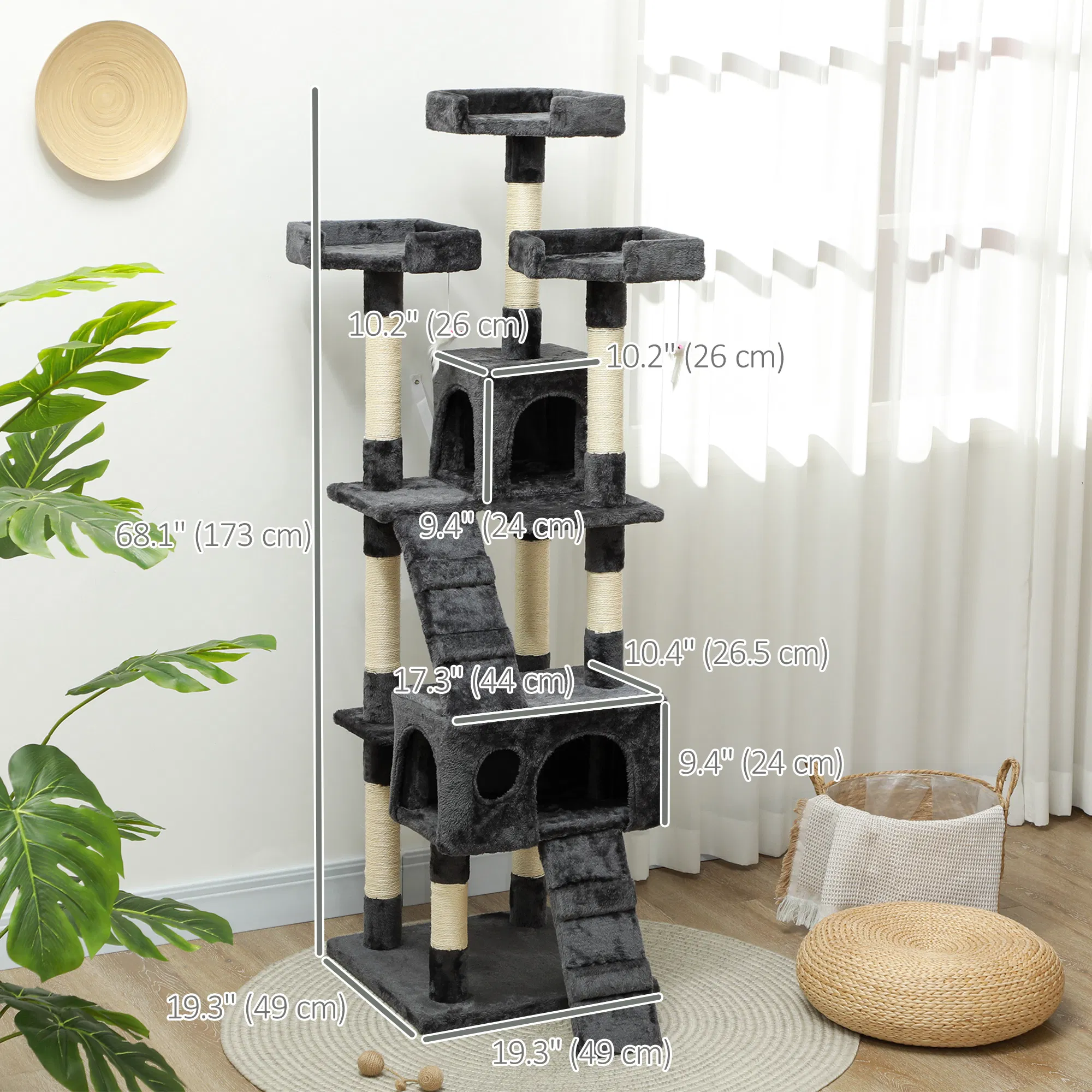 68-inch Multi-Level Cat Scratching Tree Kitty Activity Center Post Tower Condo Pet Furniture w/ Toy Grey — image 6