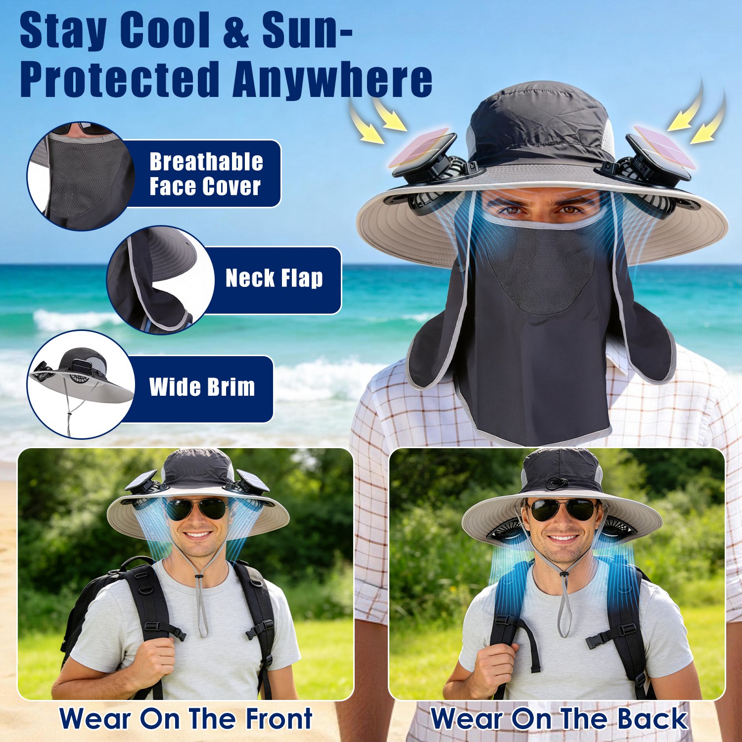 Sombrero con Ventilador Solar 2 en 1 UPF50 Sombrero para el Sol con Ventiladores, Sombrero de Pesca de Ala Ancha con Cubrecara y Protector de Cuello, Carga USB Solar Para Senderismo, Jardinería, Trabajo al Aire Libre — imagen 9