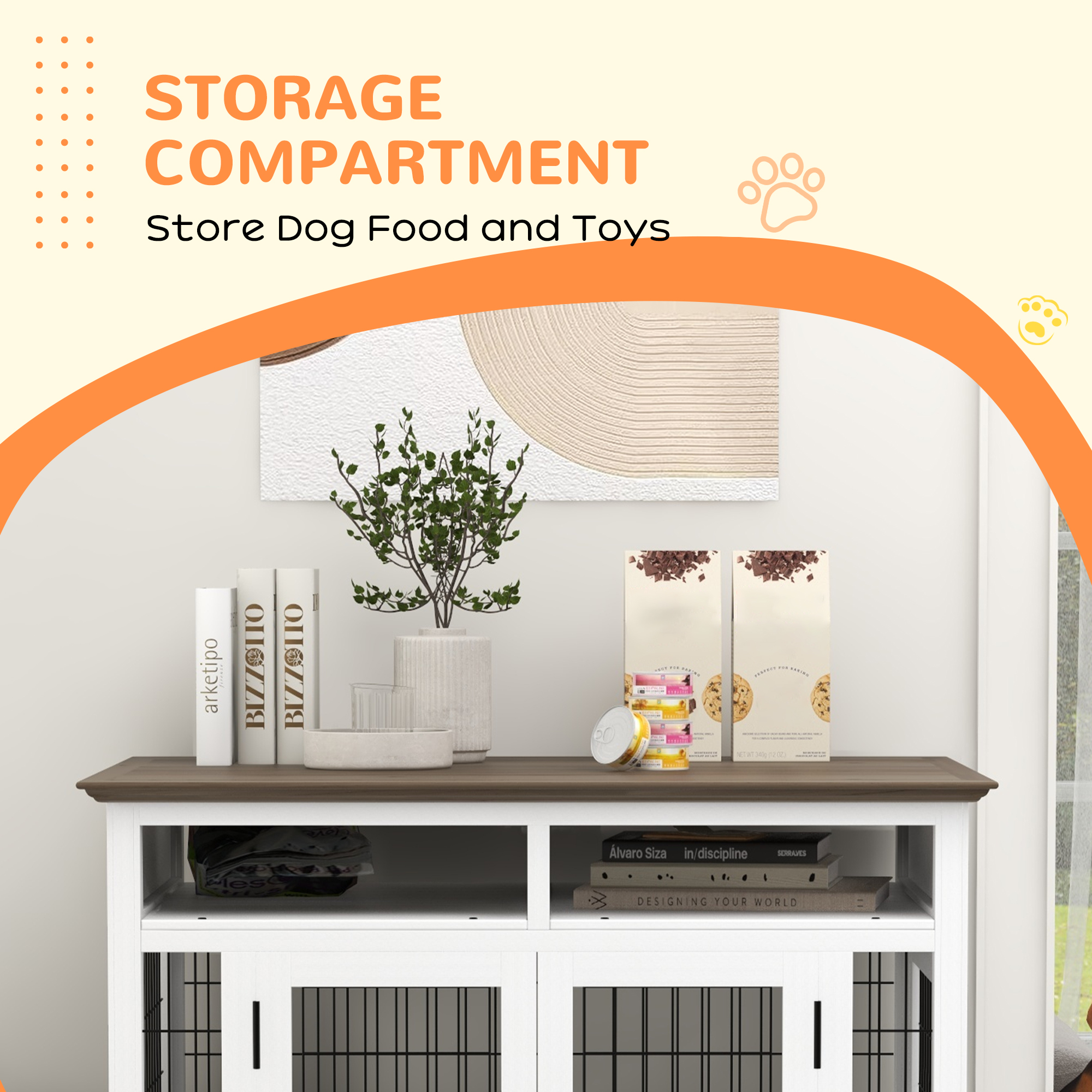Mueble de Comida para Perros con Almacenamiento, Puertas Dobles y Acceso Lateral para Canes Pequeños y Medianos, Blanco — imagen 5