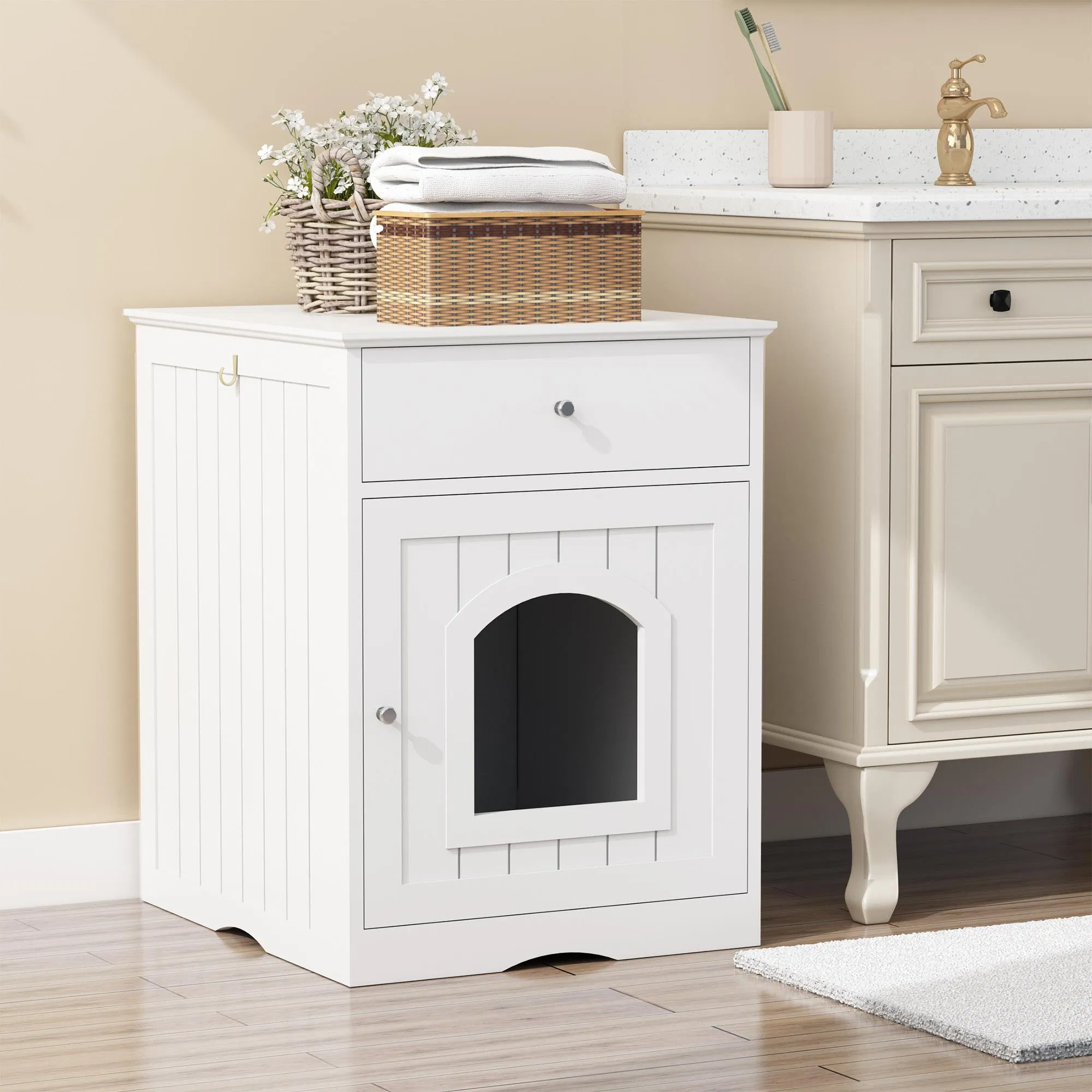 Wooden Pet House Cat Litter Box Enclosure with Drawer, Side Table, Indoor Pet Crate, Cat Home Nightstand (White) — image 4