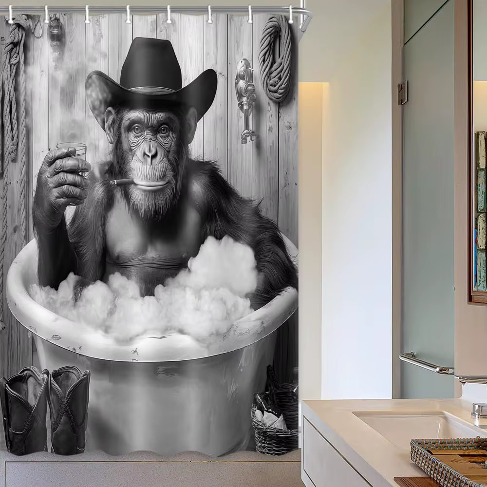 Funny Monkey Shower Curtain Black White Fun Western Cowboy Gorilla Bathtub Farmhouse Rustic Cool Animal Funky Chimpanzee — image 5