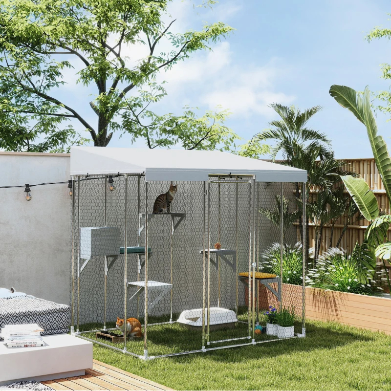 Galvanized Steel Large Catio With Waterproof Canopy, Sleeping Box, Jumping Platforms, For 1-3 Kittens, SilverMultiple Packages Shipped. Please Pay Attention To The Dimensions And Weight In The Details — image 3