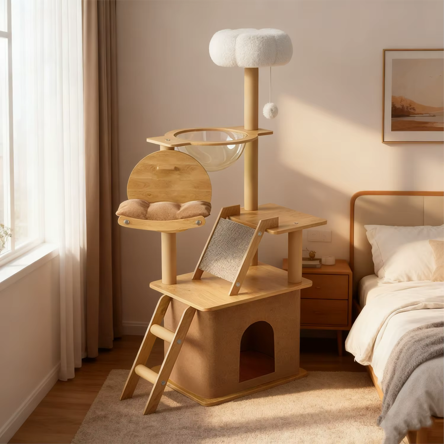 Torre de Árbol de Madera Alta con Condominio para Gatos y Plataforma Superior de Peluche para Gatos de Interior — imagen 6