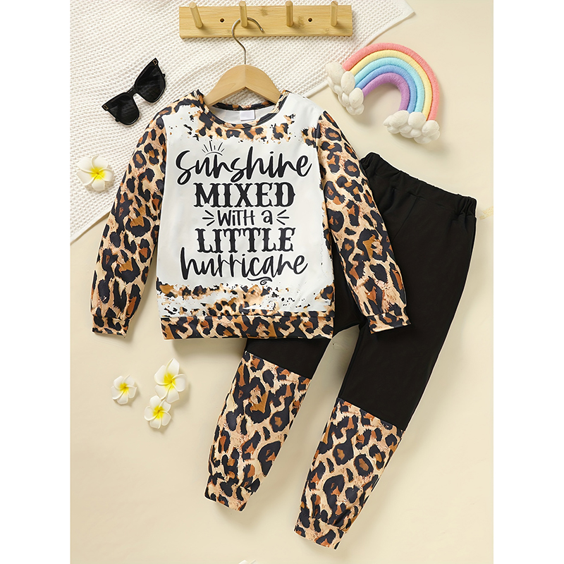Toddler Girls Fall Winter Outfits Leopard Letter Print Crewneck Long Sleeve Sweatshirt Top & Sweatpant 2 Piece Clothing Set — image 1