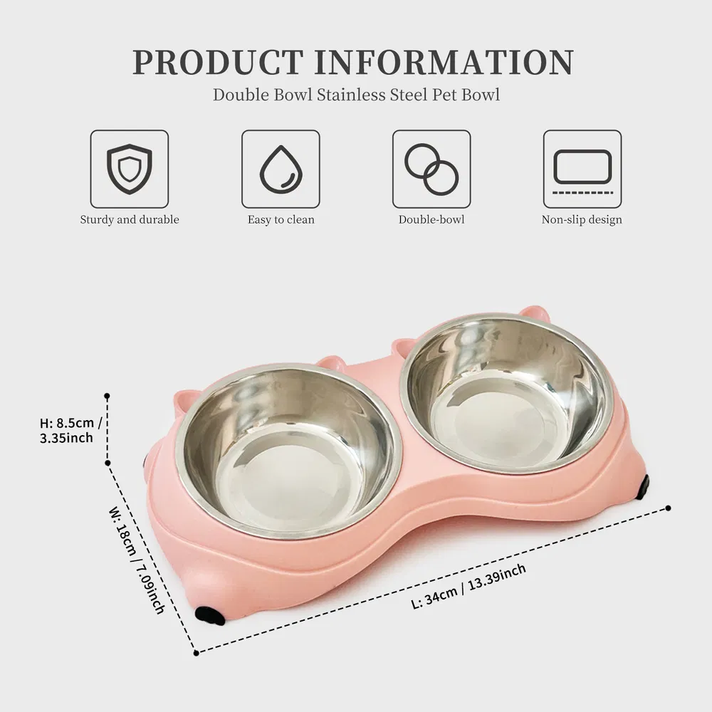 Anti Slip Base Double Cat Food Bowl, Pink Stainless Steel Food And Water Bowl, Easy To Clean And Detachable Design, Cat And Dog Pet Feeder — image 6