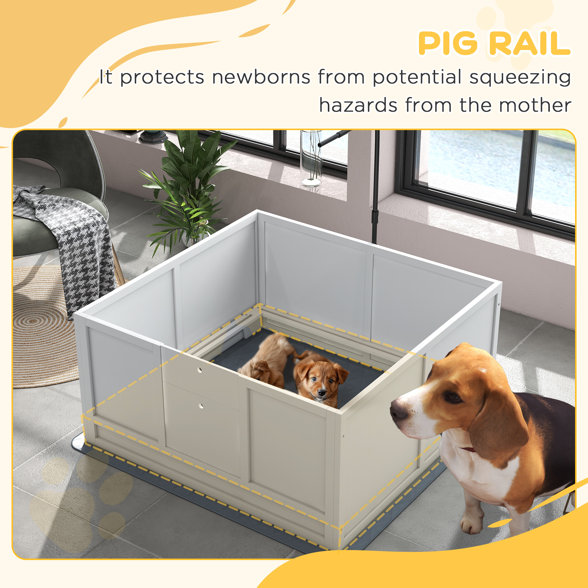 Caja de Parto para Perros con Paño de Orina, Ralla de Cerdo, Puerta Ajustable para Razas Pequeñas, Medianas y Grandes Nacimiento, 41" x 39" — imagen 3