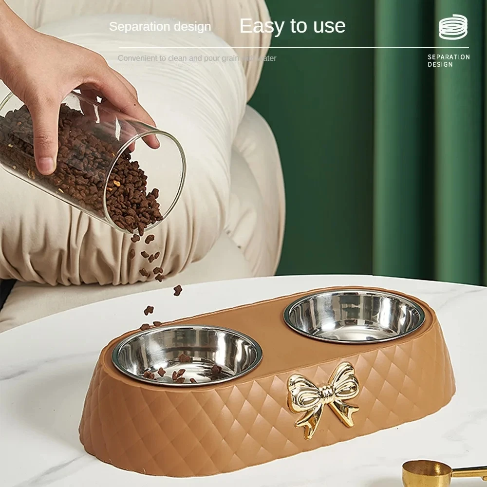 Pet Supplies Bow-tie Bowknot Cats Food Bowl PP Base Dog Bowl Stainless Steel Double Pet Accessories Feeding Drinking Double Bowl — image 3