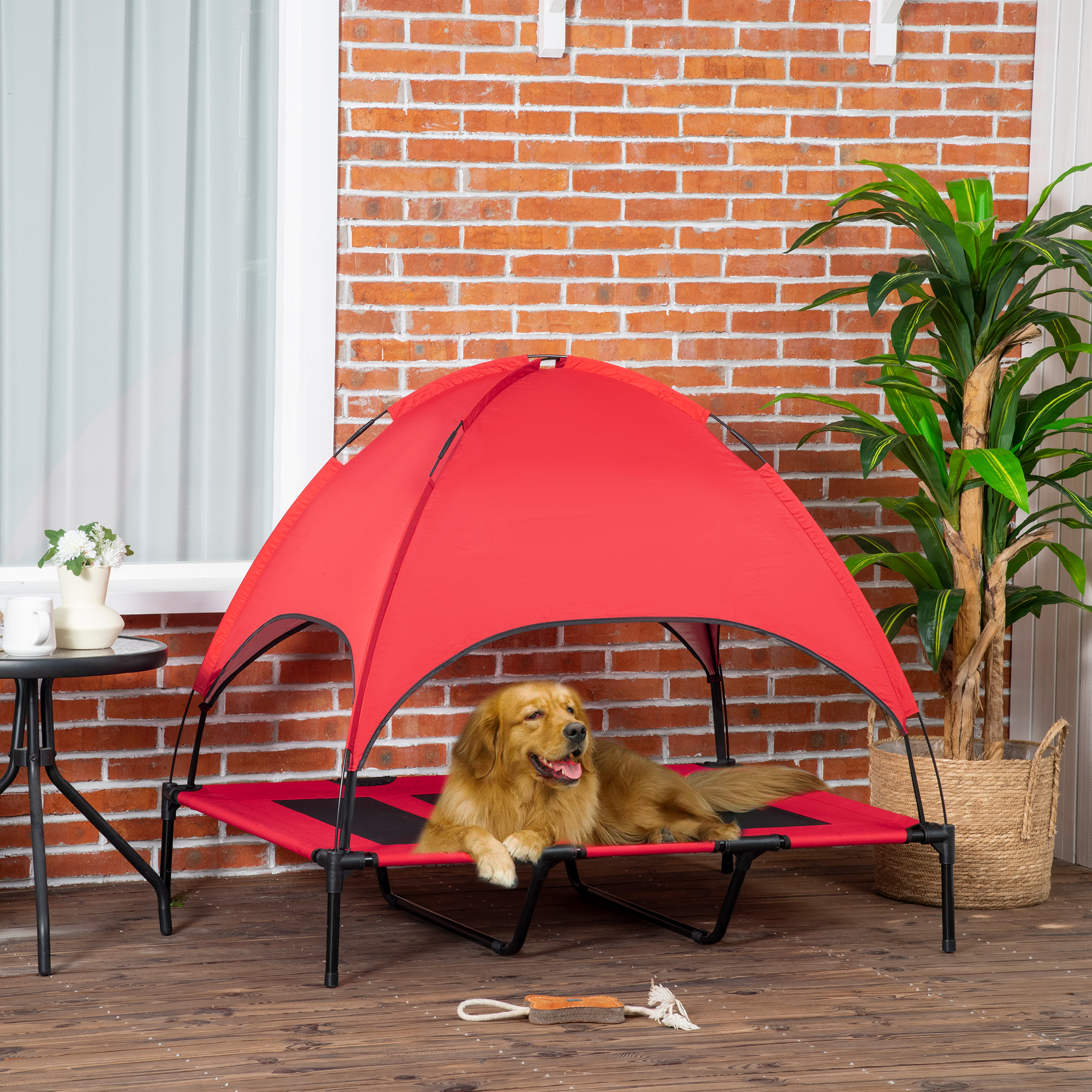 Camastro Portátil Elevado para Perro de 48" x 36" con Toldo de Protección UV, Rojo — imagen 1