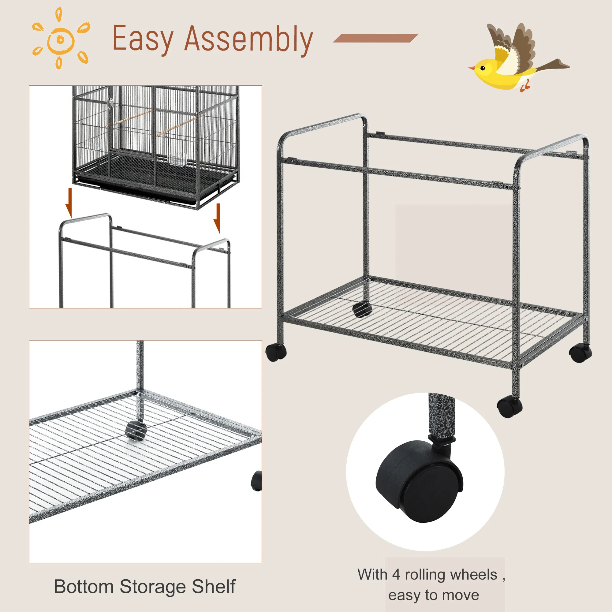 30'' Large Rolling Metal Bird Cage Bird House with Detachable Rolling Stand, Storage Shelf, Wood Perch Food Container - Black — image 5