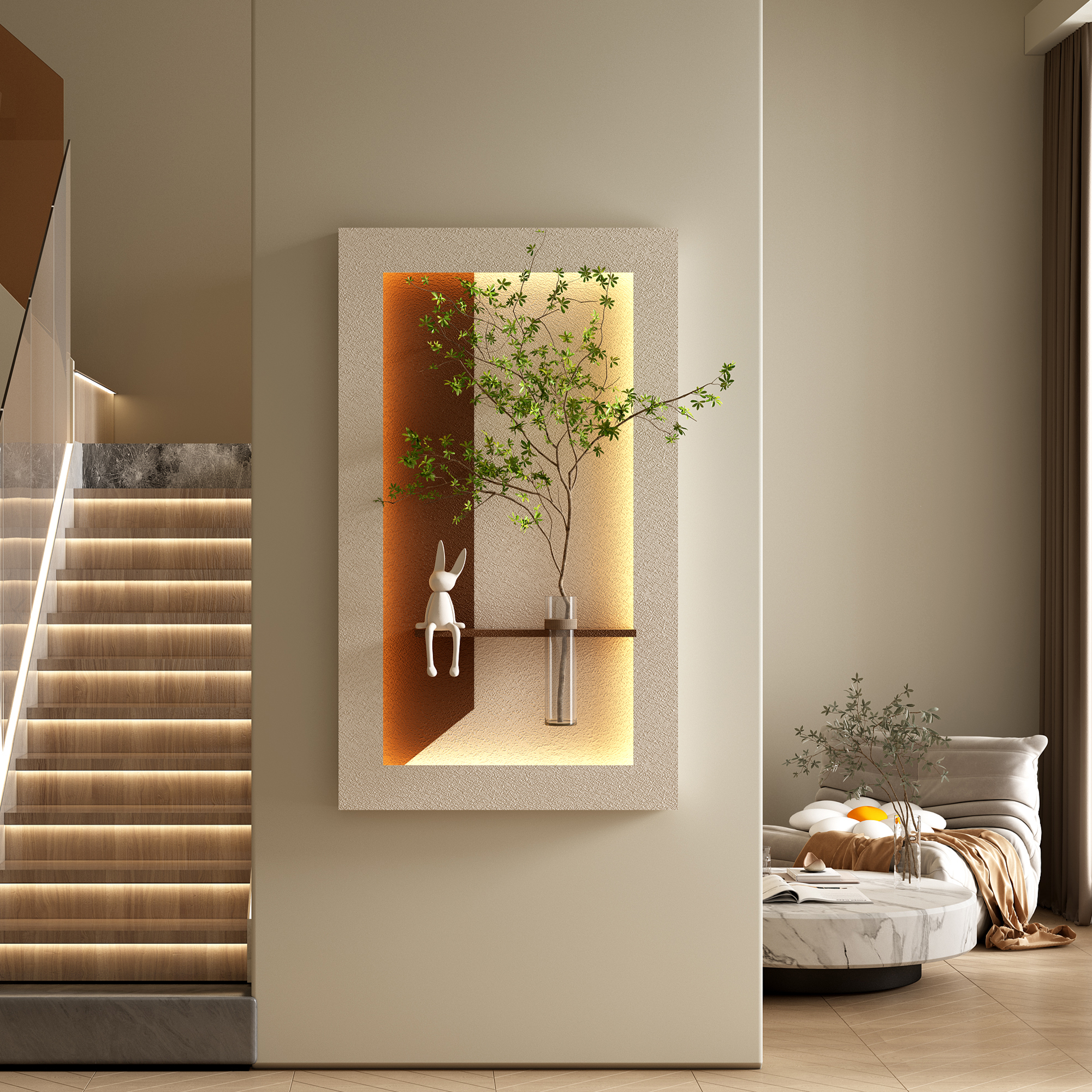 Decoración de Pared de Piedra Arenisca con LED de 3 Colores Ajustables y Plantas Verdes Artificiales - Escultura de Arte 3D, Jarrón de Vidrio y Estatua de Conejo, Tiras de Luz con Control Remoto para Sala, Dormitorio y Pasillo — imagen 1