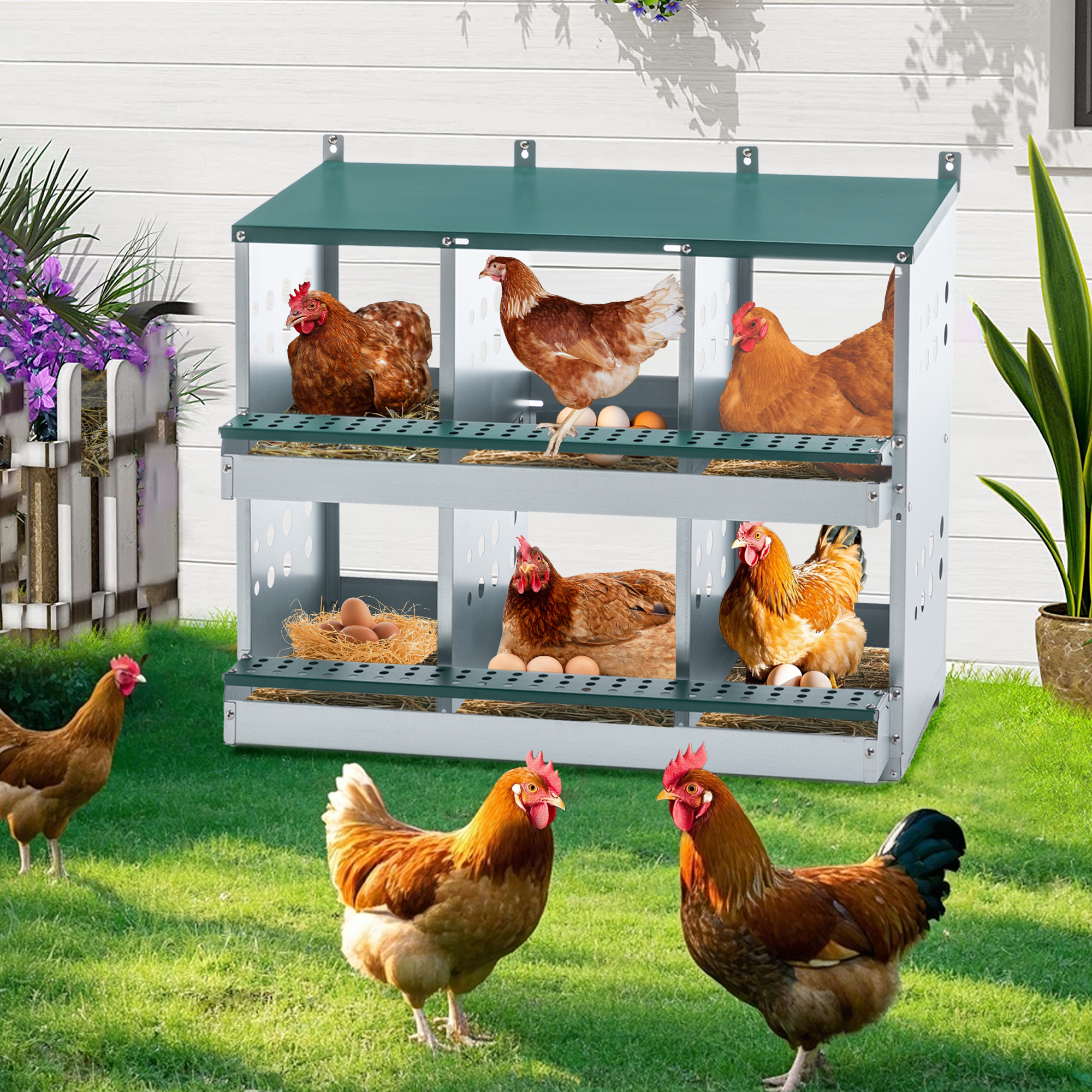 6 Compartments Chicken Nesting Box For Laying Eggs, Roll Away Chicken Laying Boxes, Green — imagen 3