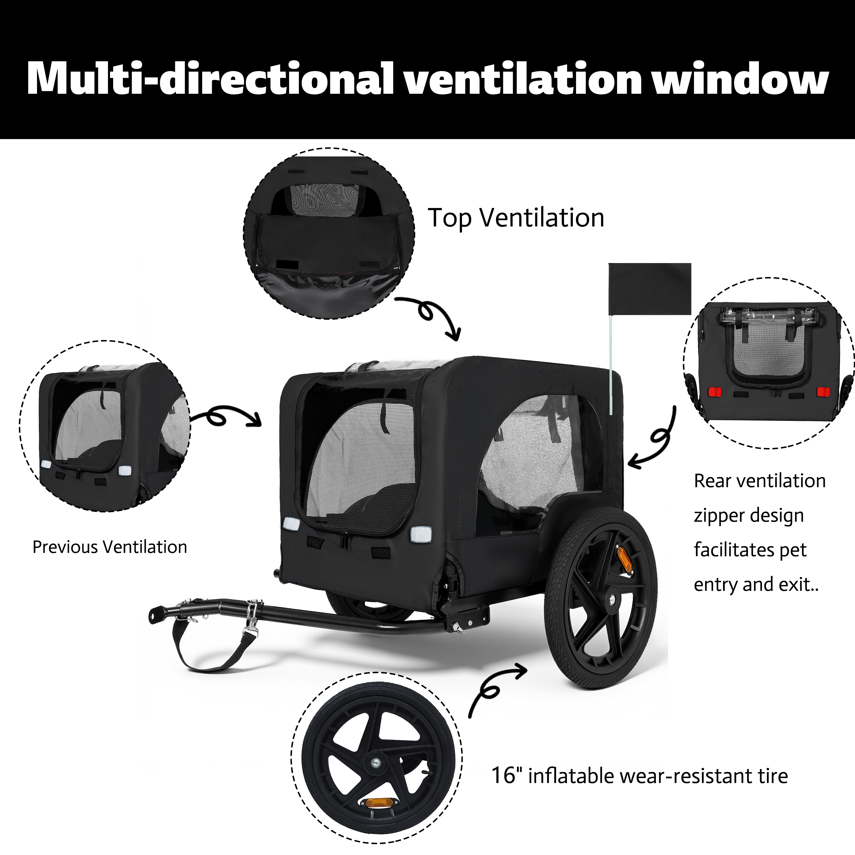 Outdoor Heavy Duty Collapsible Pet Bike Trailer With 16-Inch All-Terrain Wheels & Universal Hitch - Foldable Dog Cargo Carrier Cart For Bicycles, Black — image 2