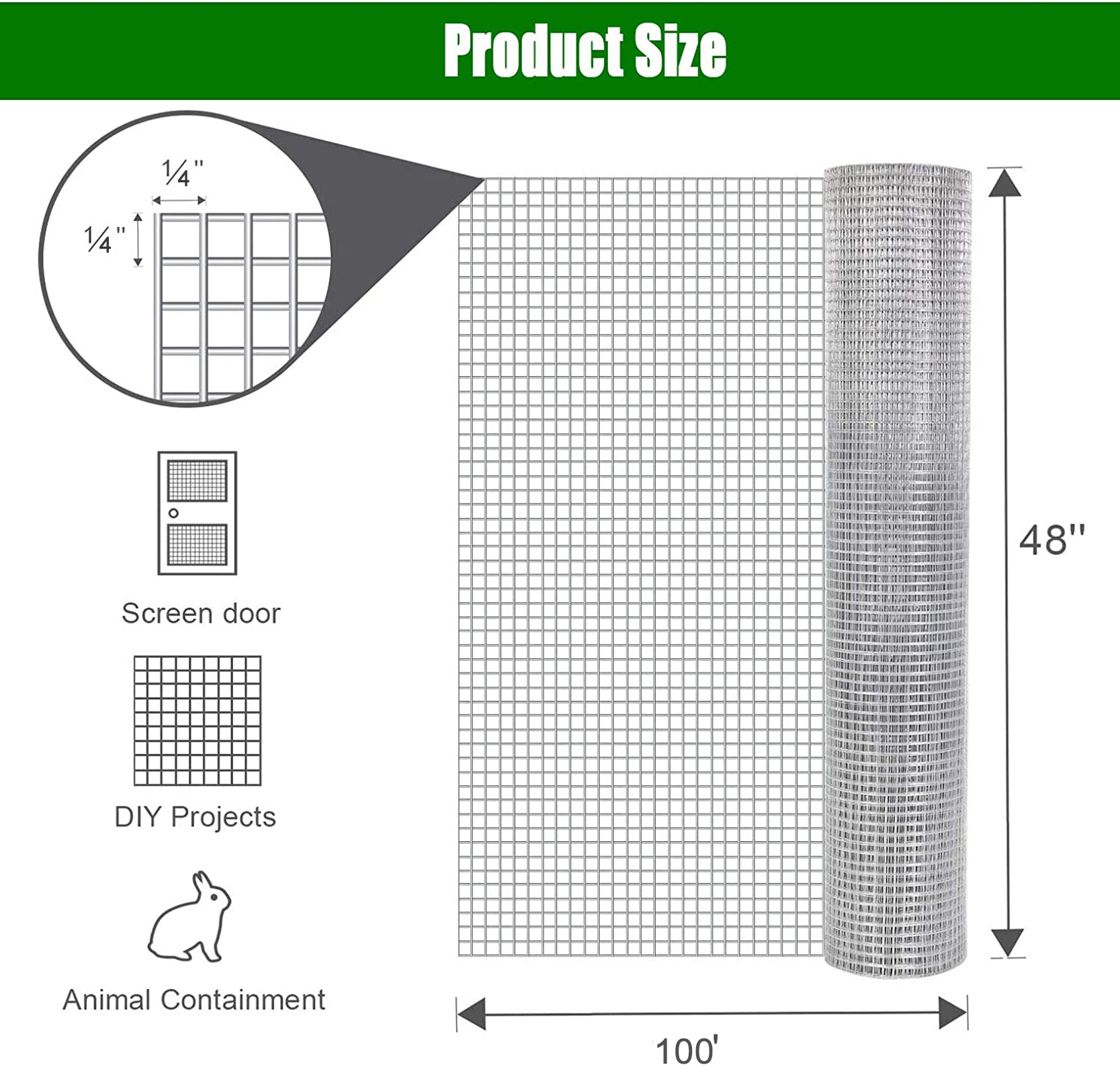 Hardware Cloth 0.25 Inch 48in, Hot Dip Galvanized After Welding Chicken Wire Fence Roll Garden Plant Welded Metal Wire Fencing Roll, Rabbit Cages Snake Fence — imagen 3