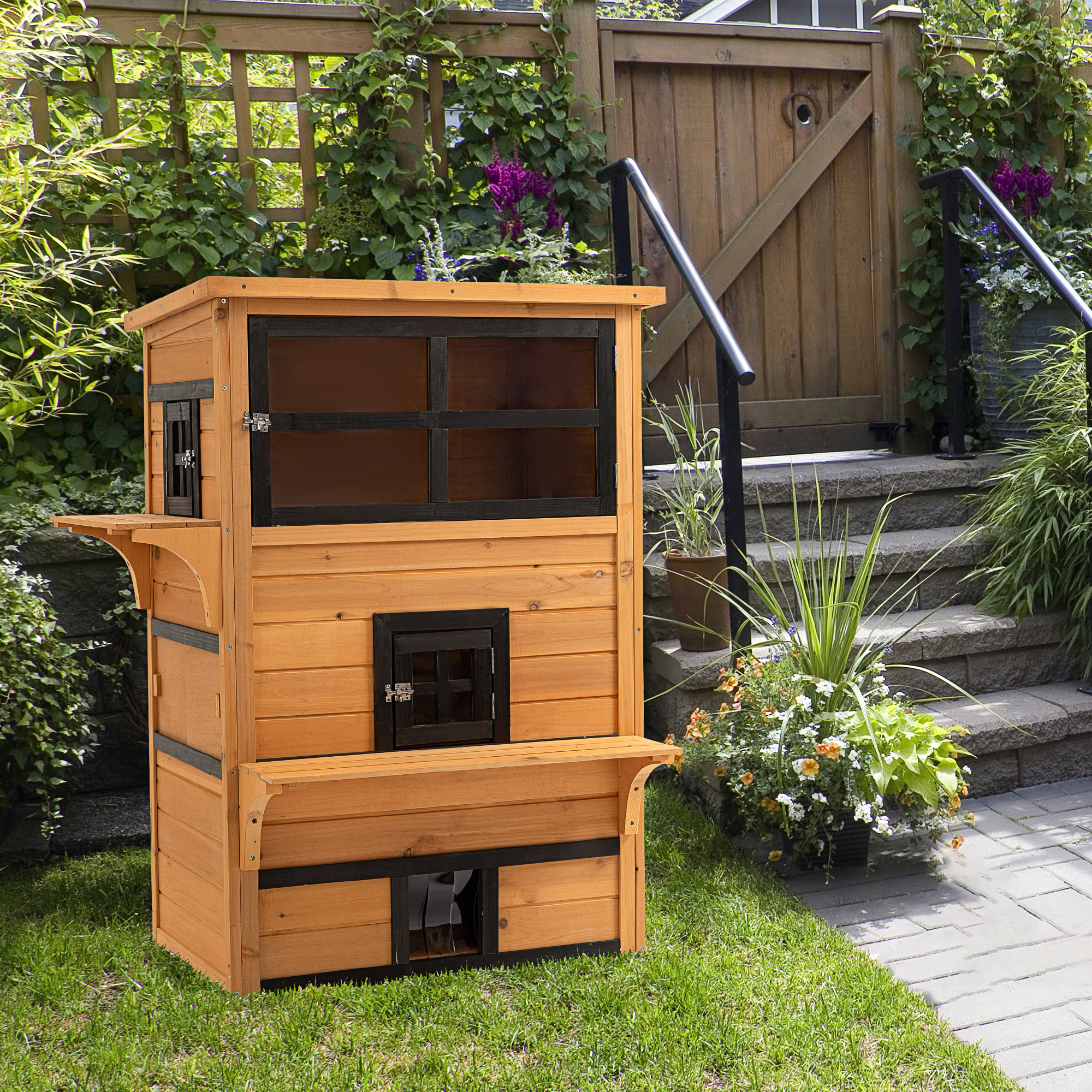 Casa de Exterior para Gatos, 3 Niveles con 5 Puertas de Escape, Resistente al Tiempo, Amarillo y Negro — imagen 1