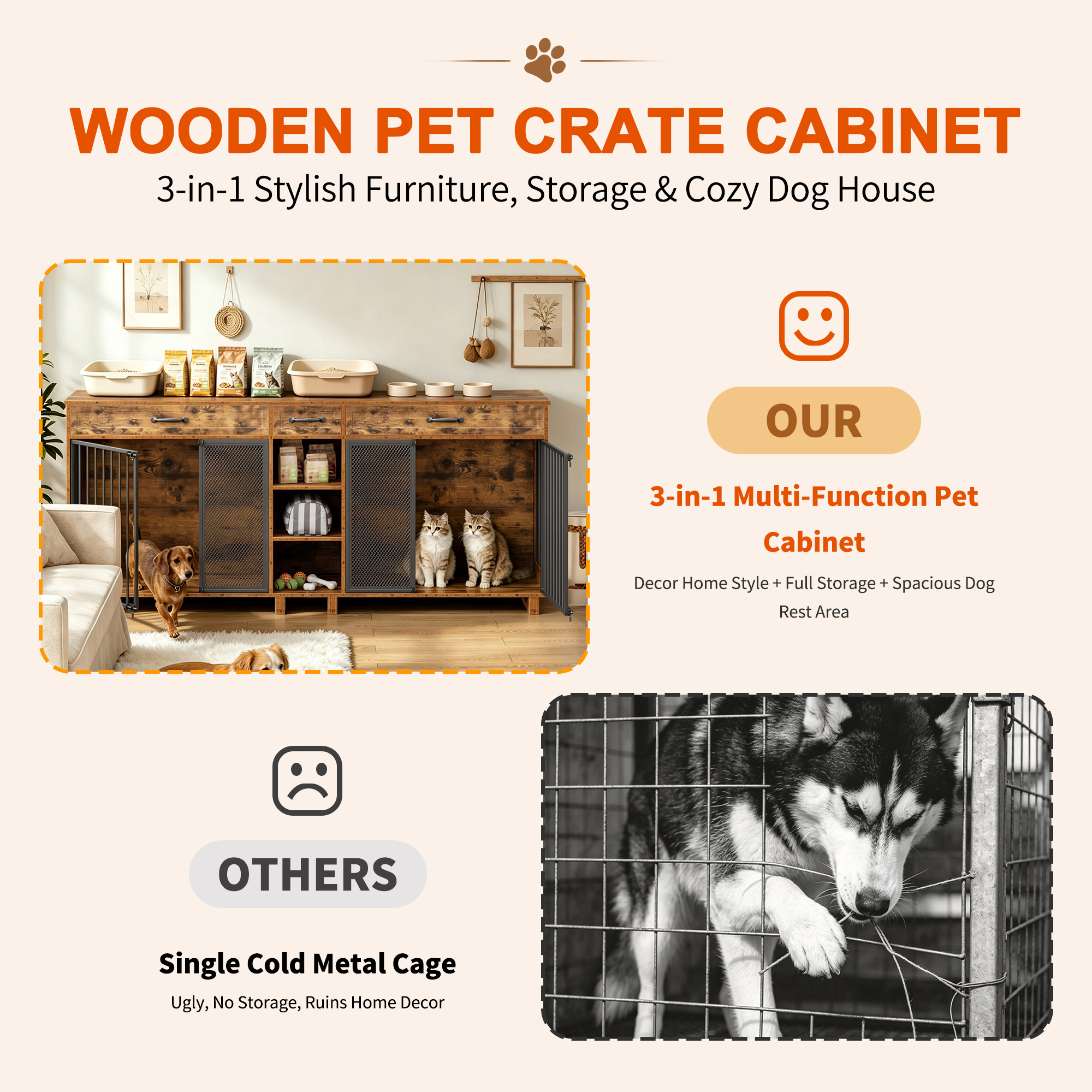 Large Wooden Dog Crate Furniture, Multi-Functional Pet Cage Cabinet with Storage — image 7