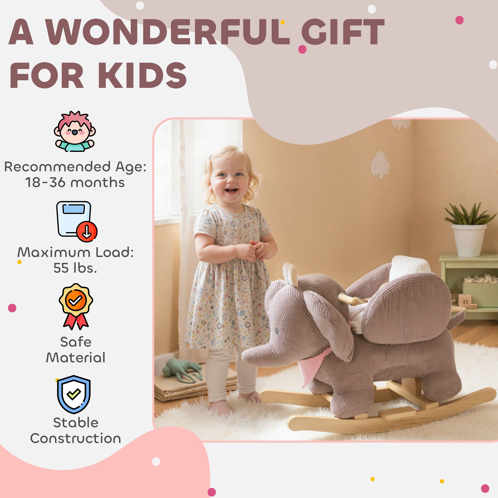 Caballo de Roca para Bebés con Asiento, Juguetes para Niños que Simulan Sonido de Elefante y Cinturón de Seguridad para Edad entre 18 y 36 Meses, Rosa — imagen 2
