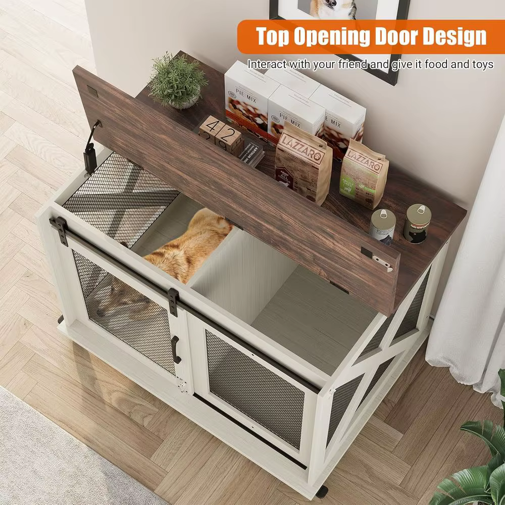 37 Sliding Barn Door Dog Crate Furniture, Wooden Top Kennel End Table, Medium Dog House, Two-Tone Brown & White — image 5