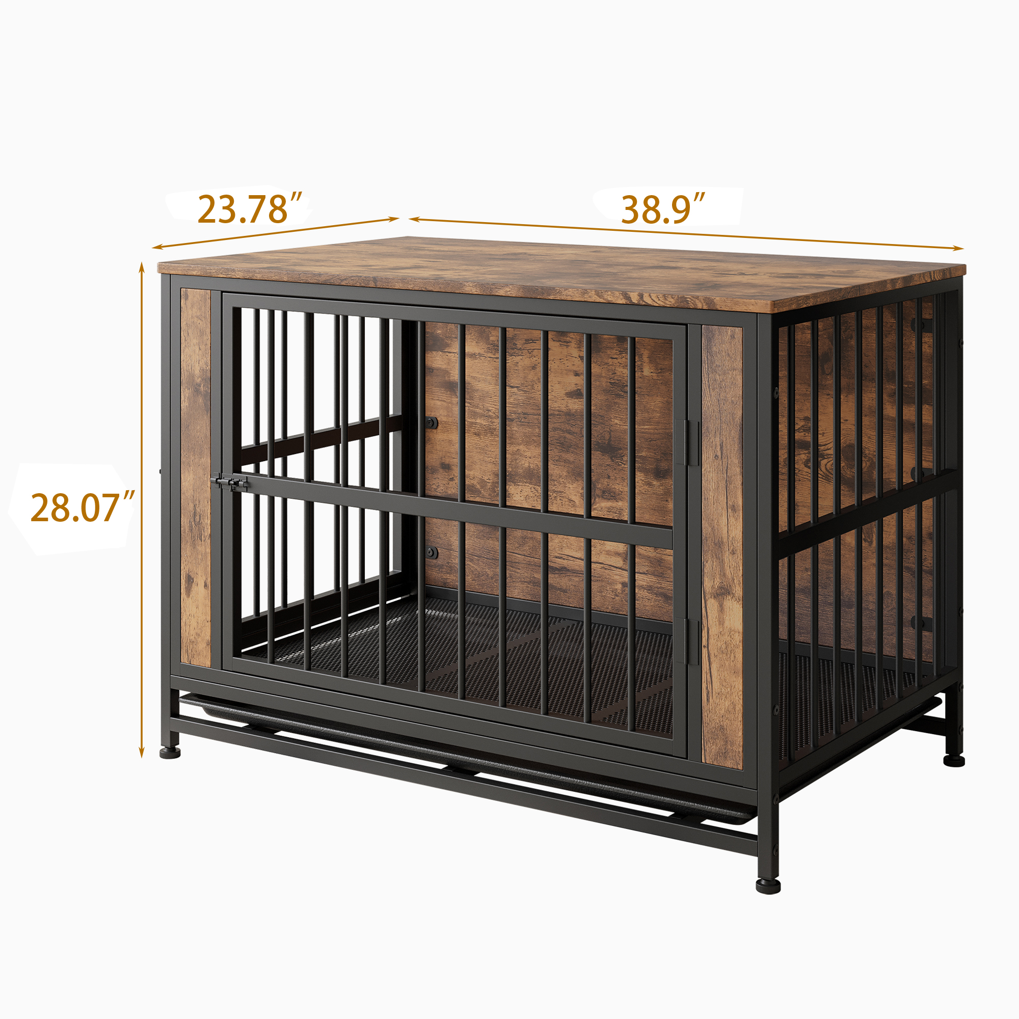 Mueble para Perros, Mesa de Caja para Perros en Madera, 38,9" Casa para Perros con 2 Puertas Deslizantes y Marco de Puerta de Hierro Grueso, Decorativo Refugio para Perros Grande/Medio/Pequeño para Uso Interior (Marrón Rustico) — imagen 6