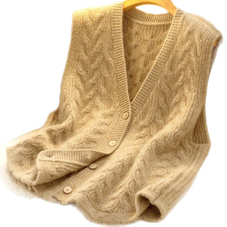 Women's V-Neck Cable Knit Imitation Sheep Wool Vest, Sleeveless Single-Breasted Cardigan — image 2