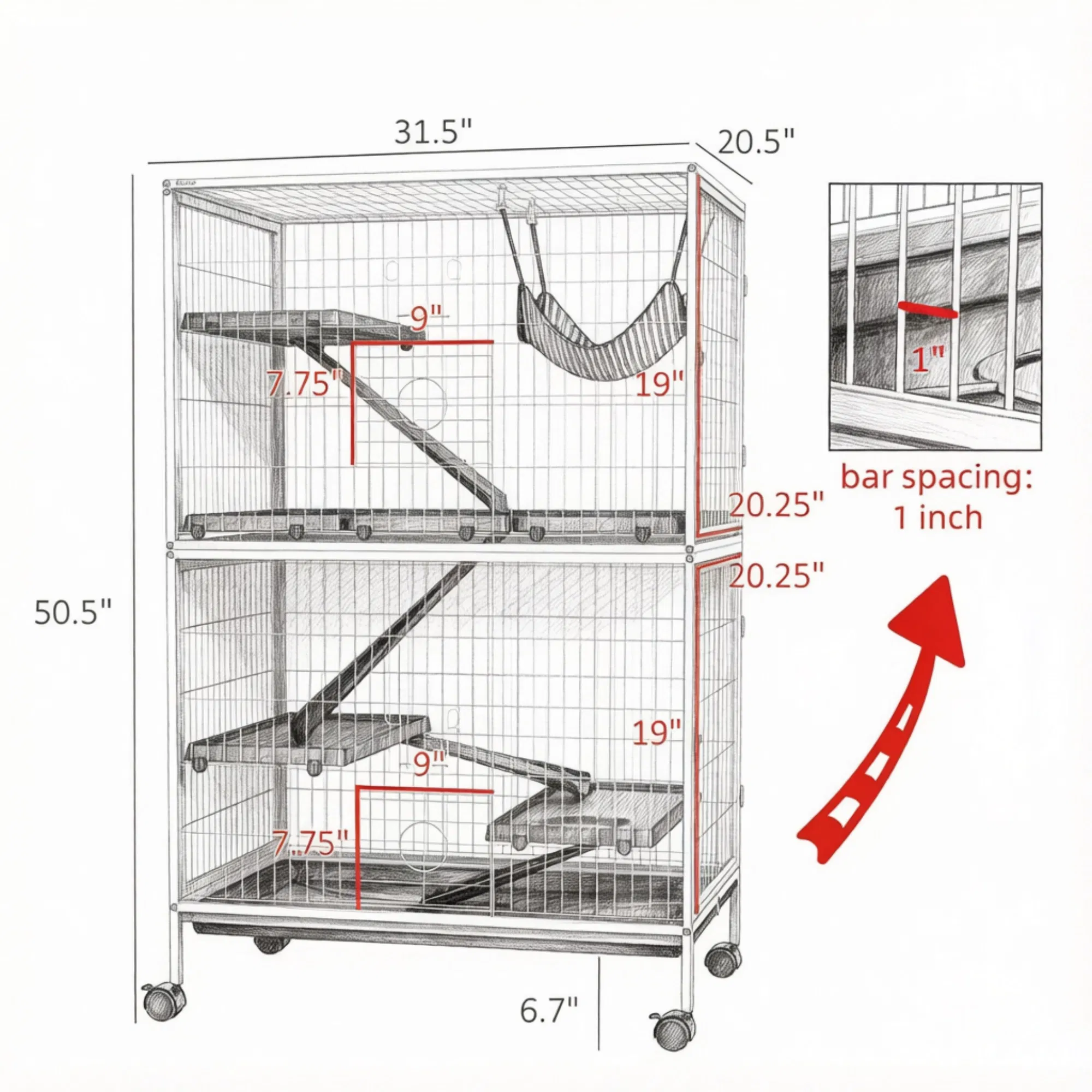 Tall Rolling Ferret Chinchilla Cage Small Animal Pet Habitat with Hammock, 4 Doors, Removable Tray — image 6