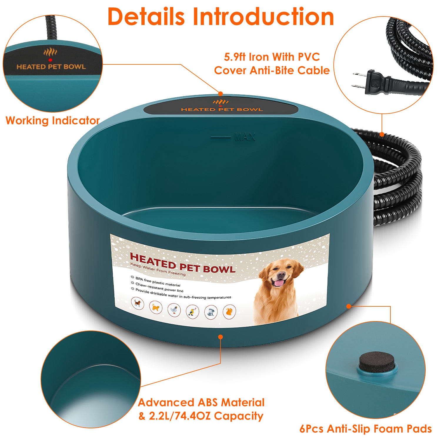 Bebedero Calefactado para Perro y Gato 74.4OZ Plato de Agua Térmico con Calefacción IP67 Impermeable Bebedero Térmico para Mascotas Perro Gato Comedero de Agua para Perro Gato Conejo Mascota — imagen 12